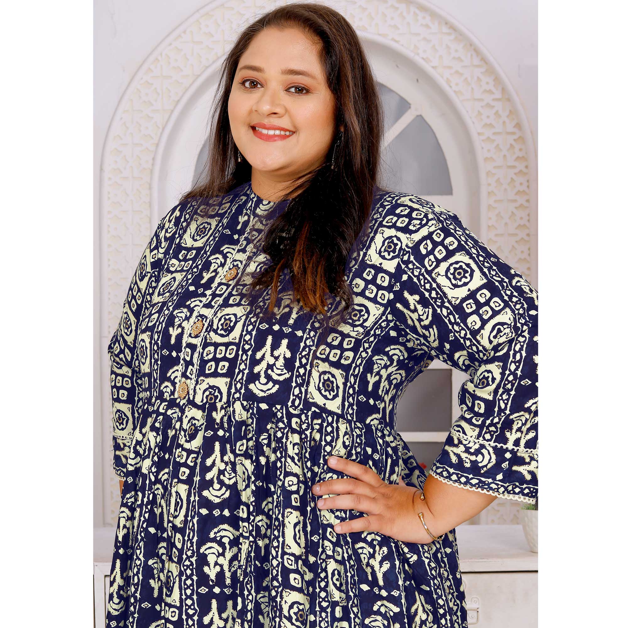 Blue Floral Printed Rayon Long Kurti