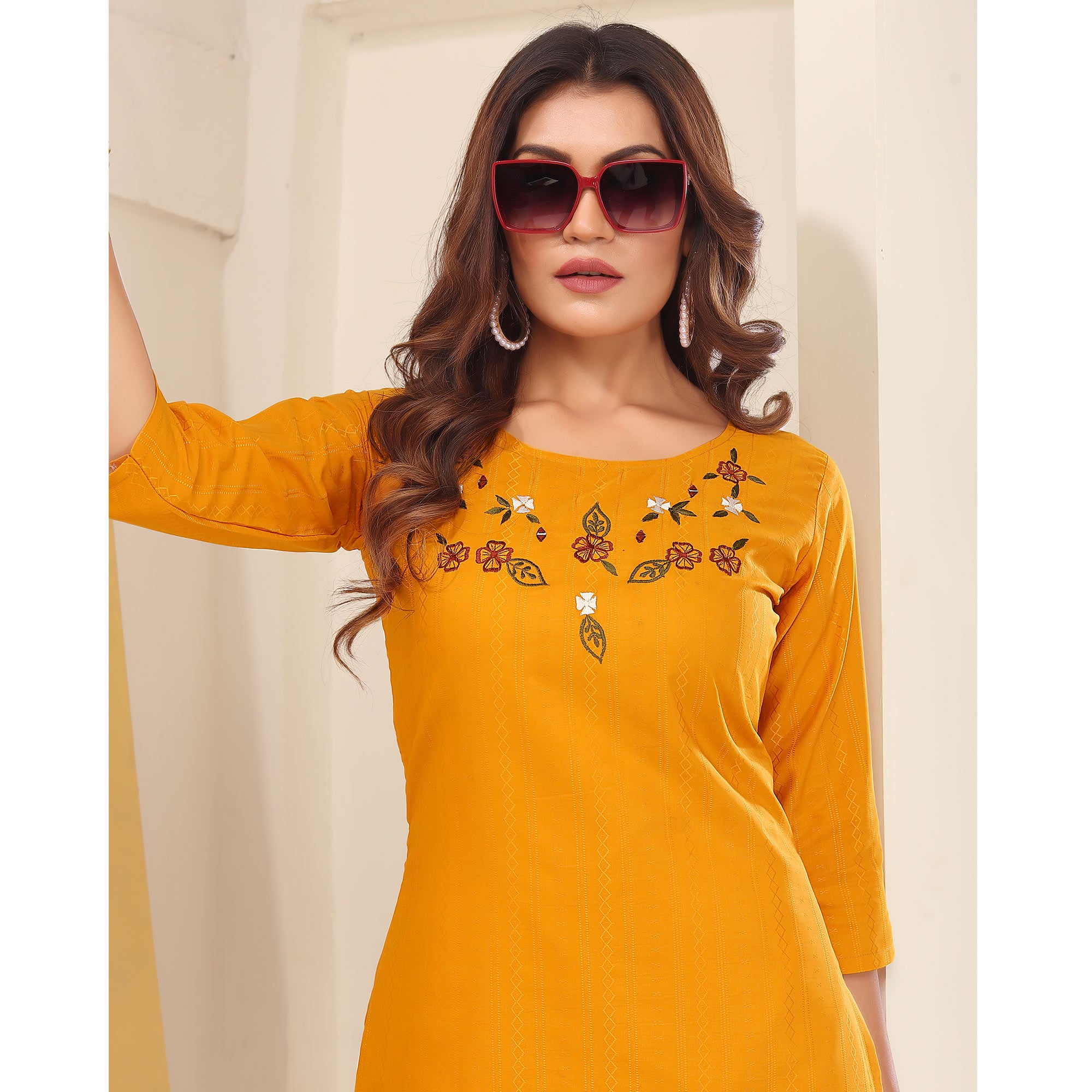 Yellow Floral Embroidered Art Silk Kurti