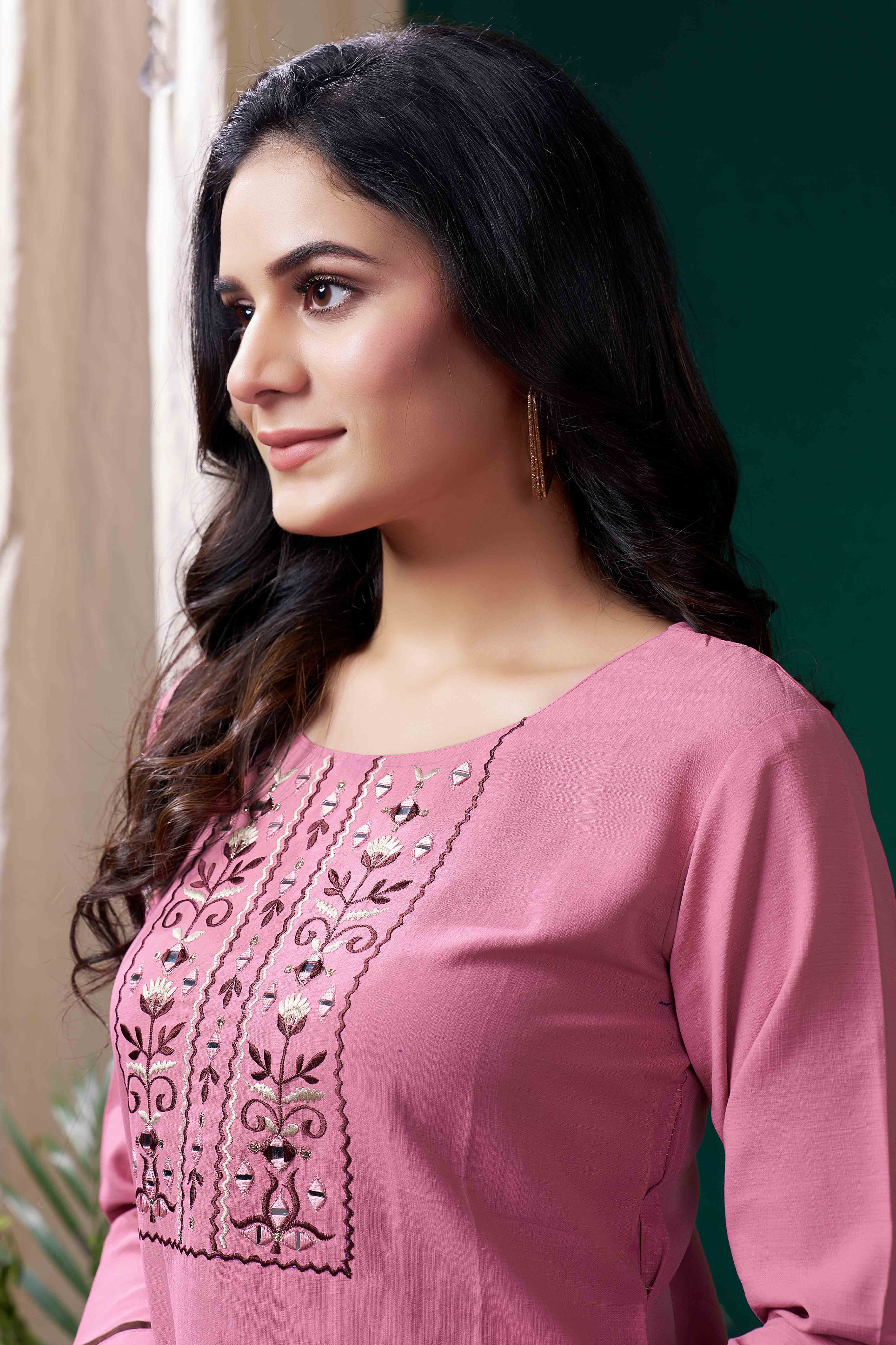 Pink Yoke Embroidered Pure Cotton Straight Kurti