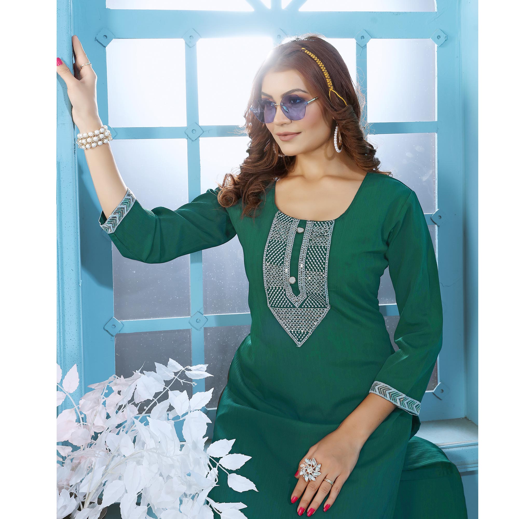 Green Sequins Embroidered Cotton Blend Kurti Pant Set