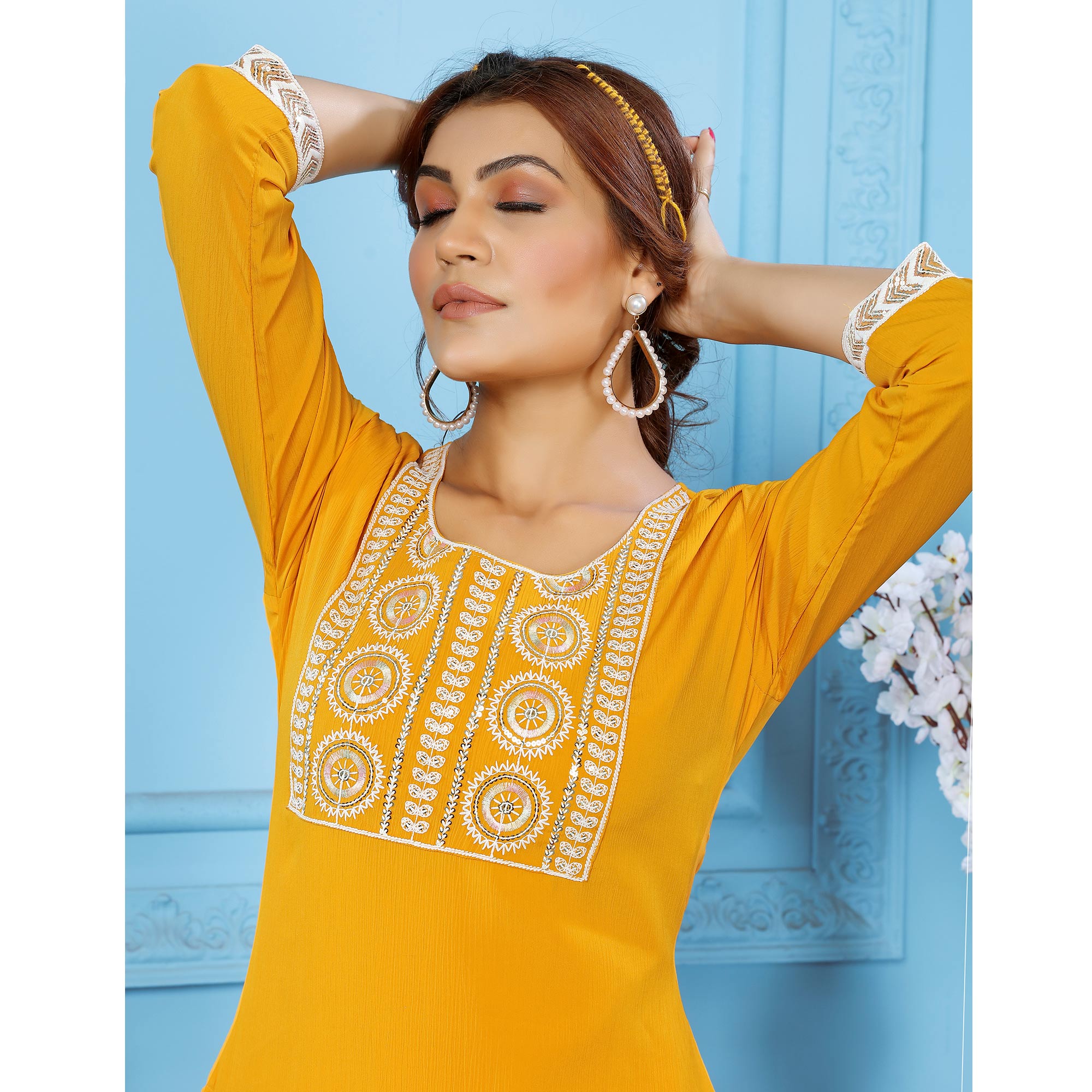 Yellow Sequins Embroidered Cotton Blend Kurti Pant Set