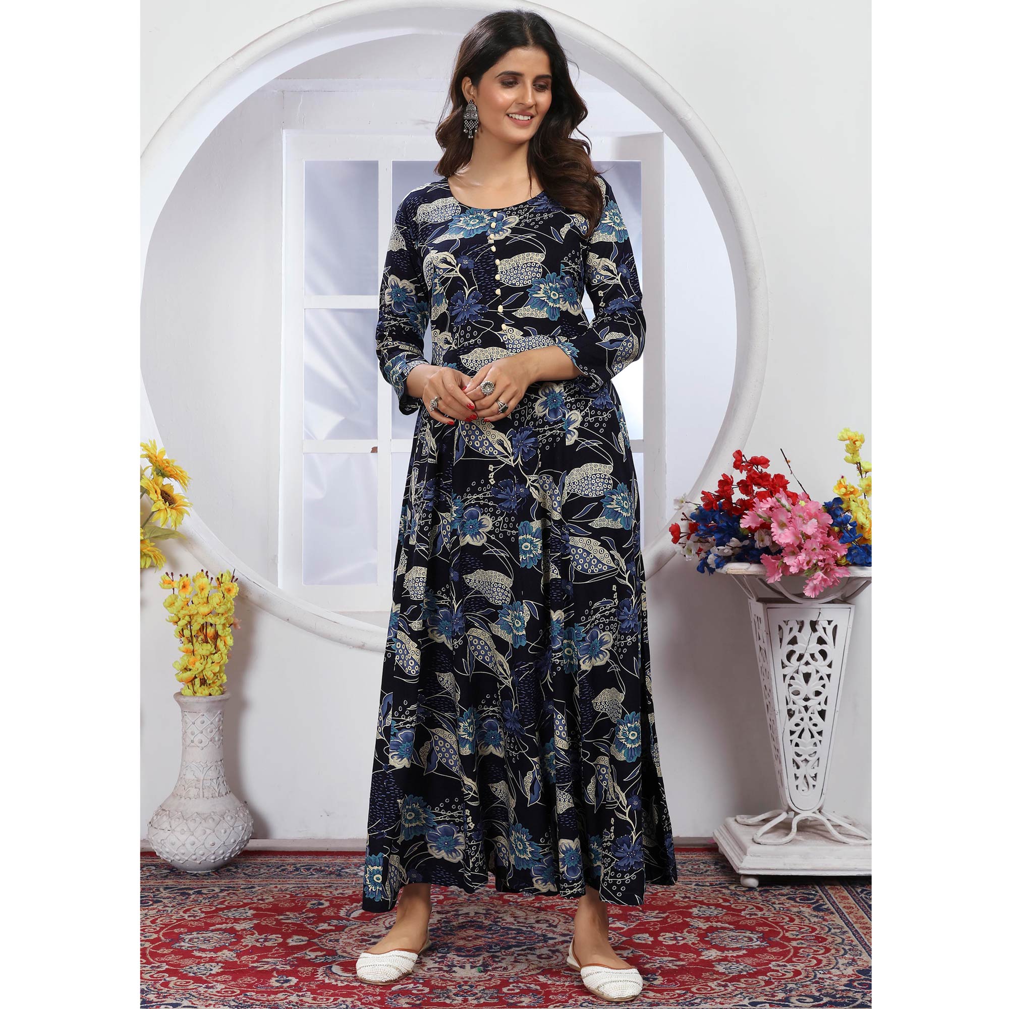 Navy Blue Floral Foil Printed Rayon Long Kurti