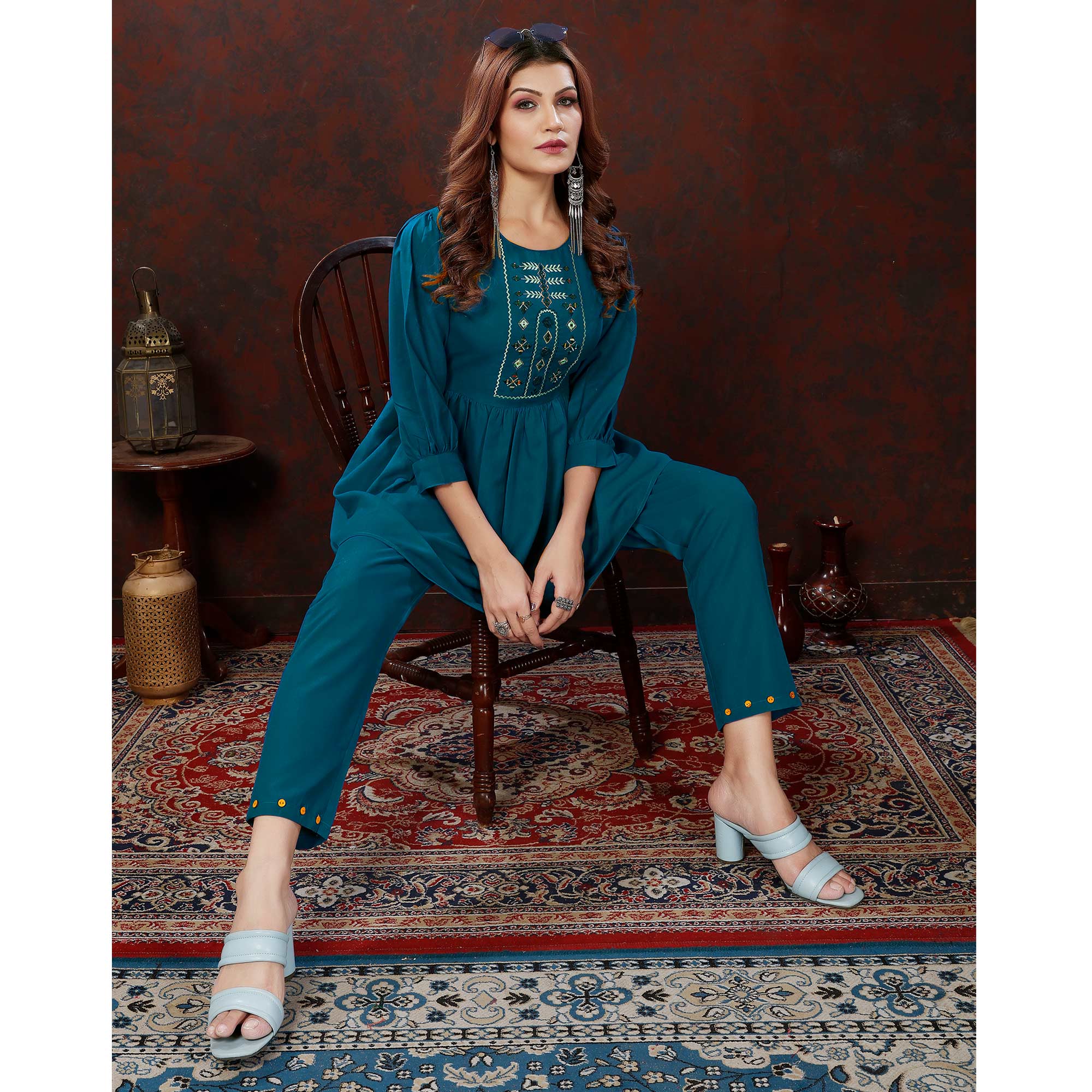 Teal Blue Embroidered Cotton Blend Co Ord Set