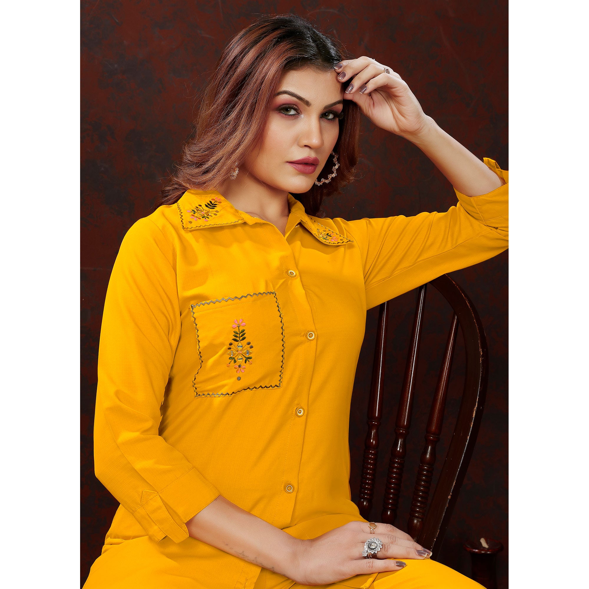 Yellow Embroidered Cotton Blend Co Ord Set
