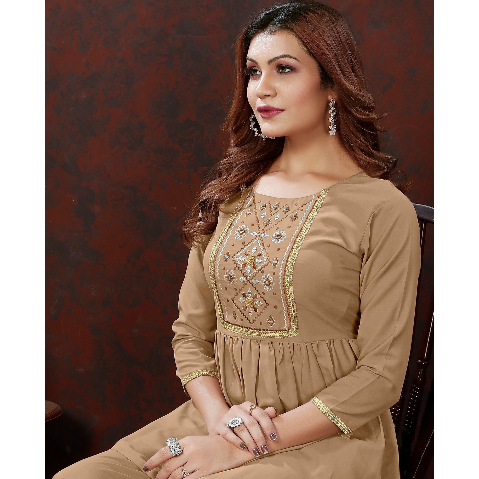 Beige Embroidered Cotton Blend Co Ord Set