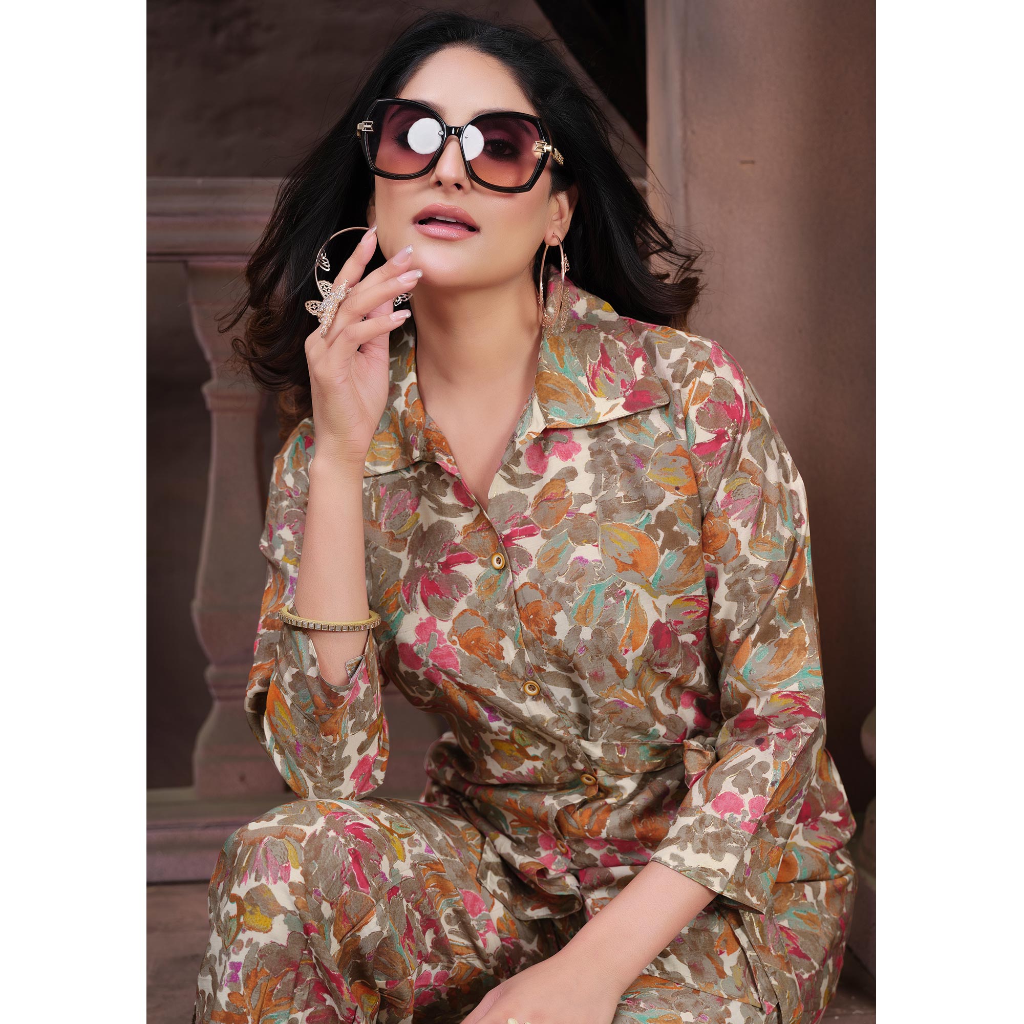 Brown Floral Printed Chanderi Co Ord Set