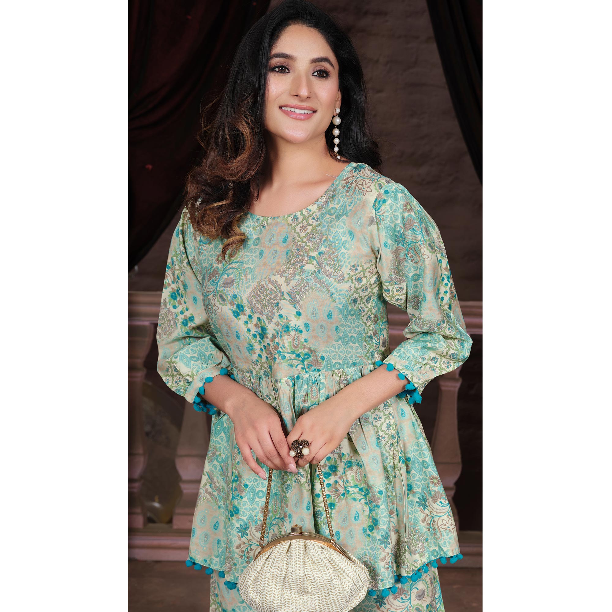 Turquoise Floral Printed Chanderi Co Ord Set