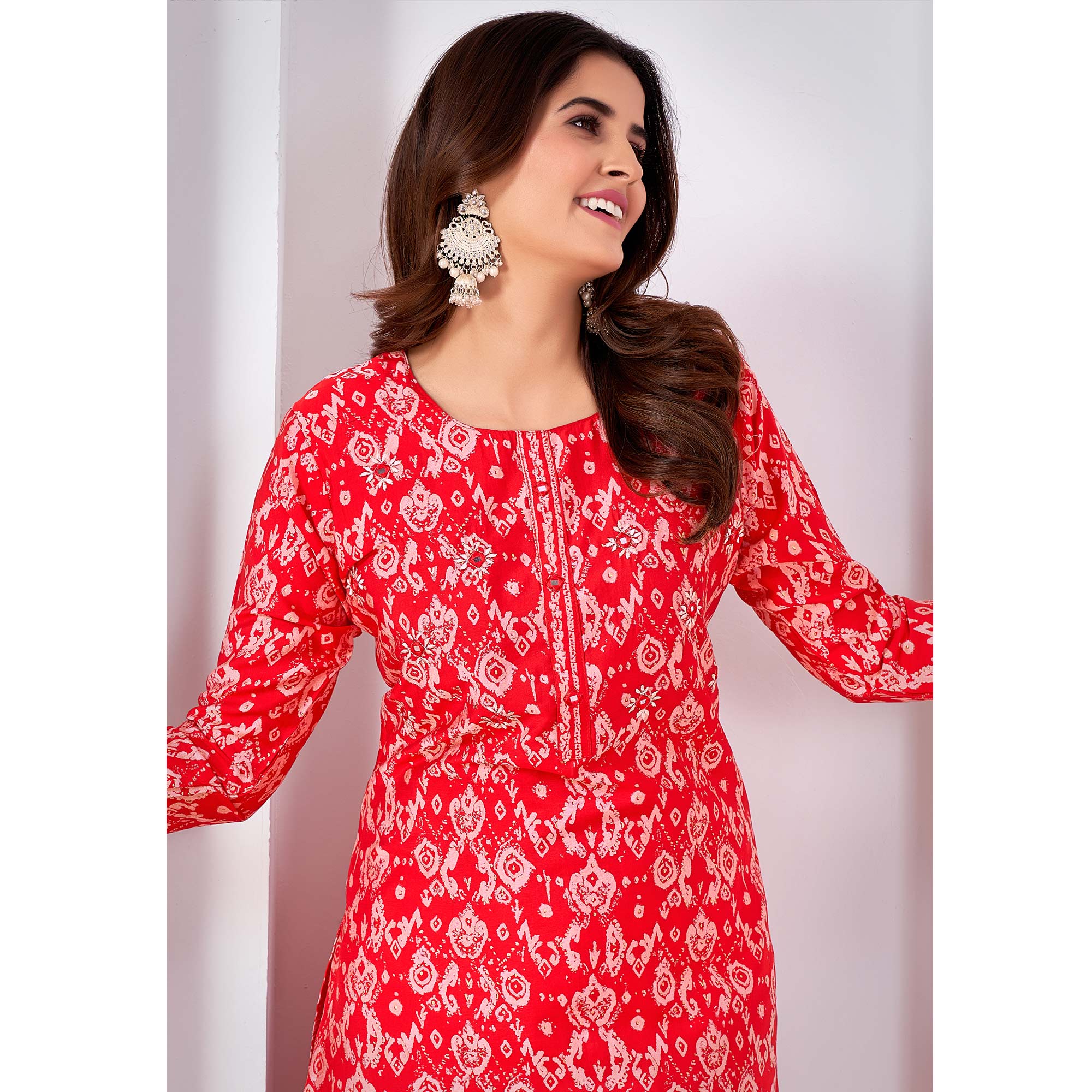Red Foil Printed Viscose Straight Kurti Sets