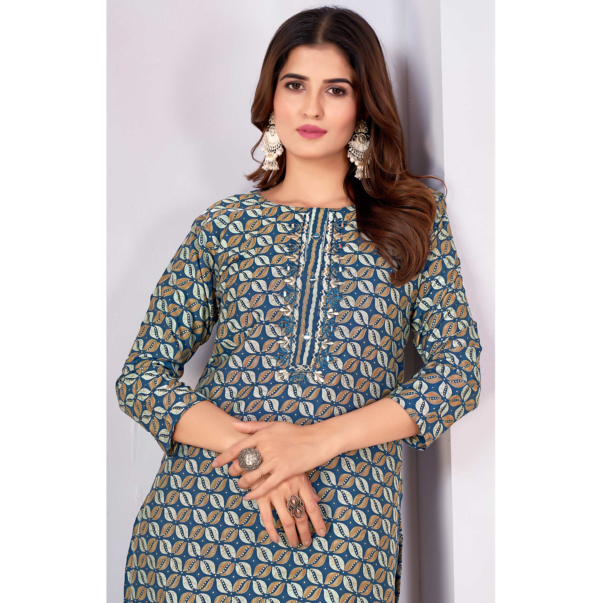 Morpich Blue Foil Printed Viscose Straight Kurti Sets