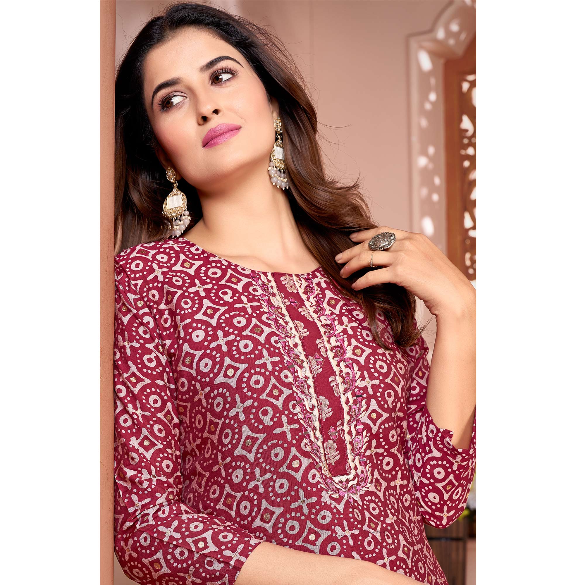 Magenta Foil Printed Viscose Straight Kurti Sets