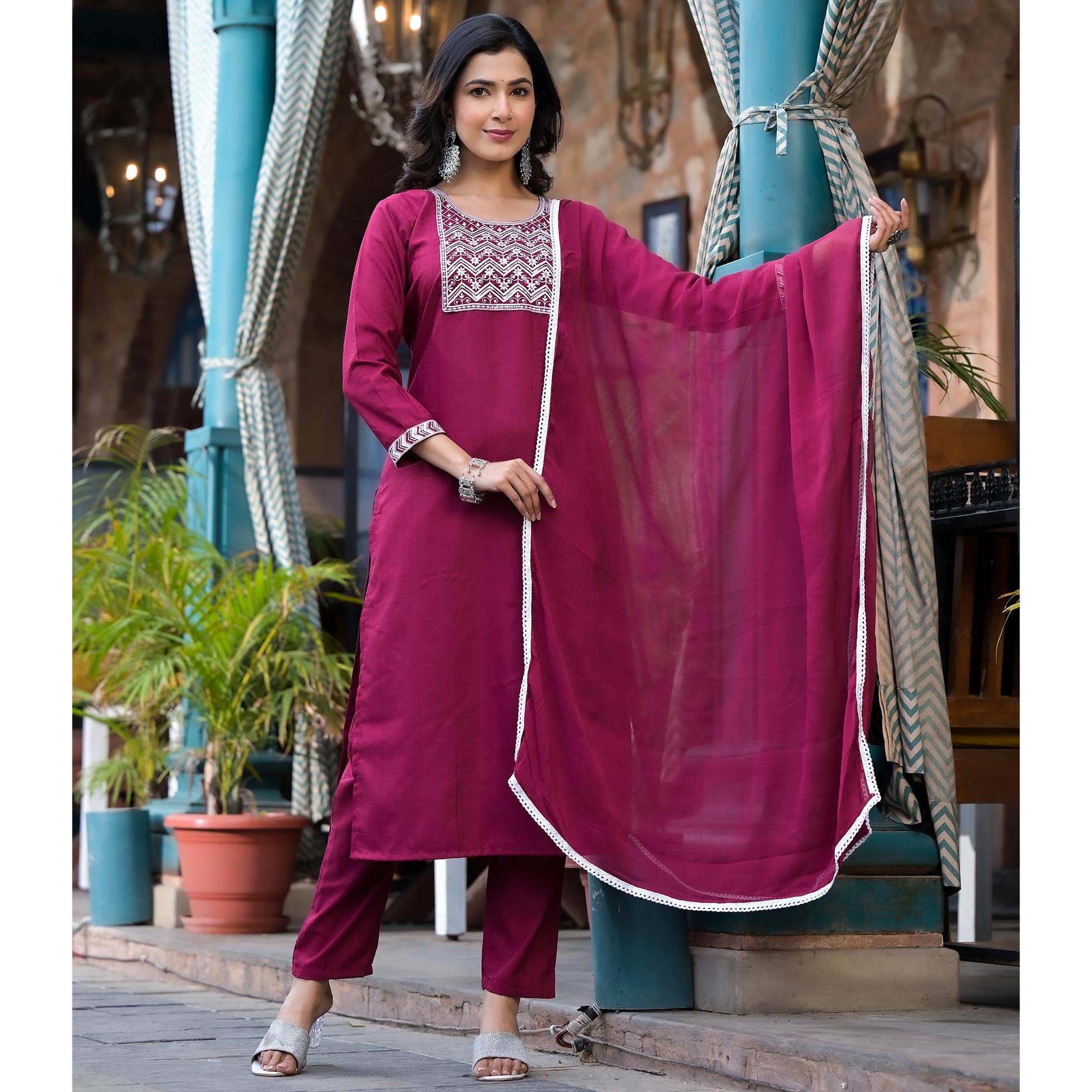 Wine Embroidered Pure Cotton Straight Salwar Suit
