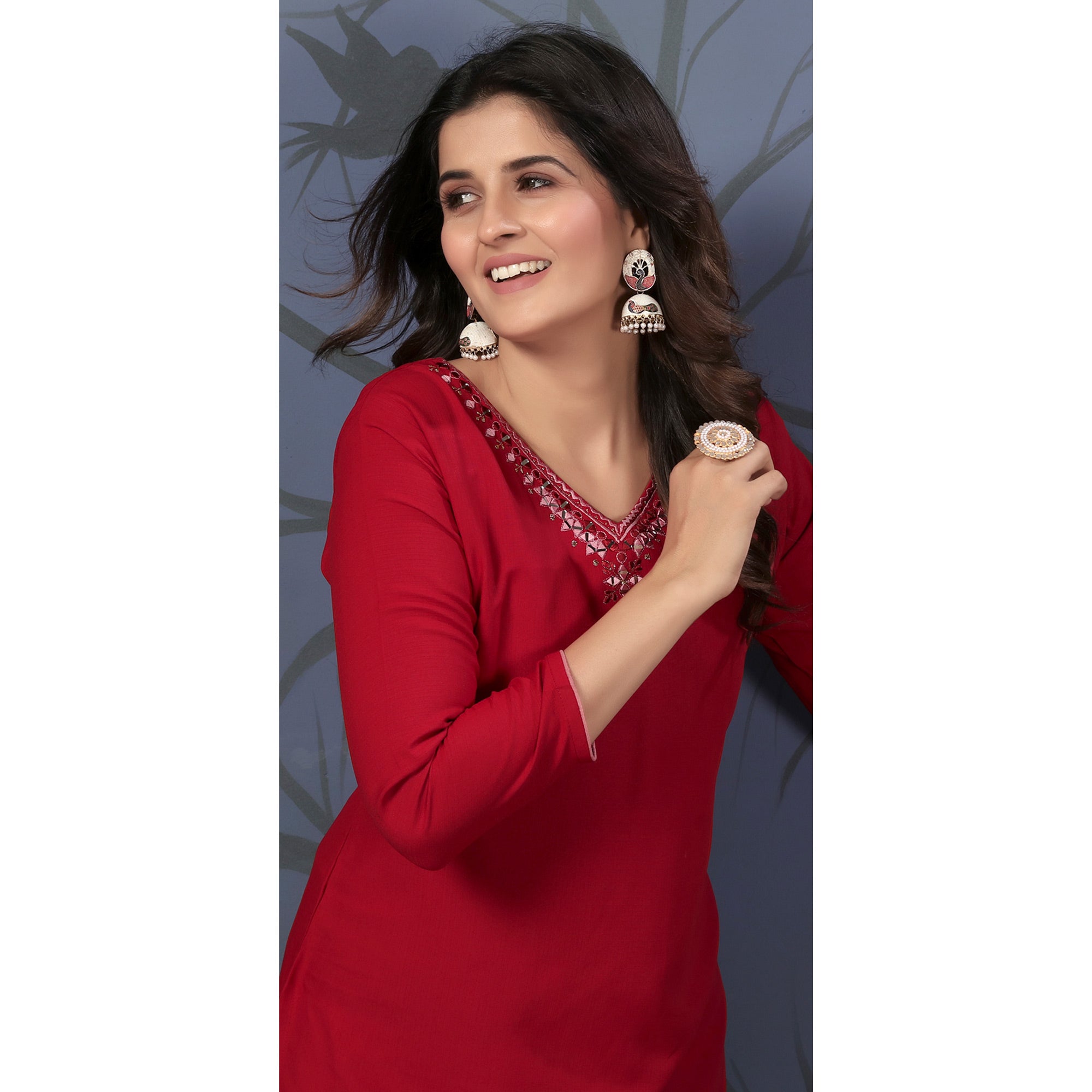 Red Solid With Mirror Embroidered Cotton Blend Kurti