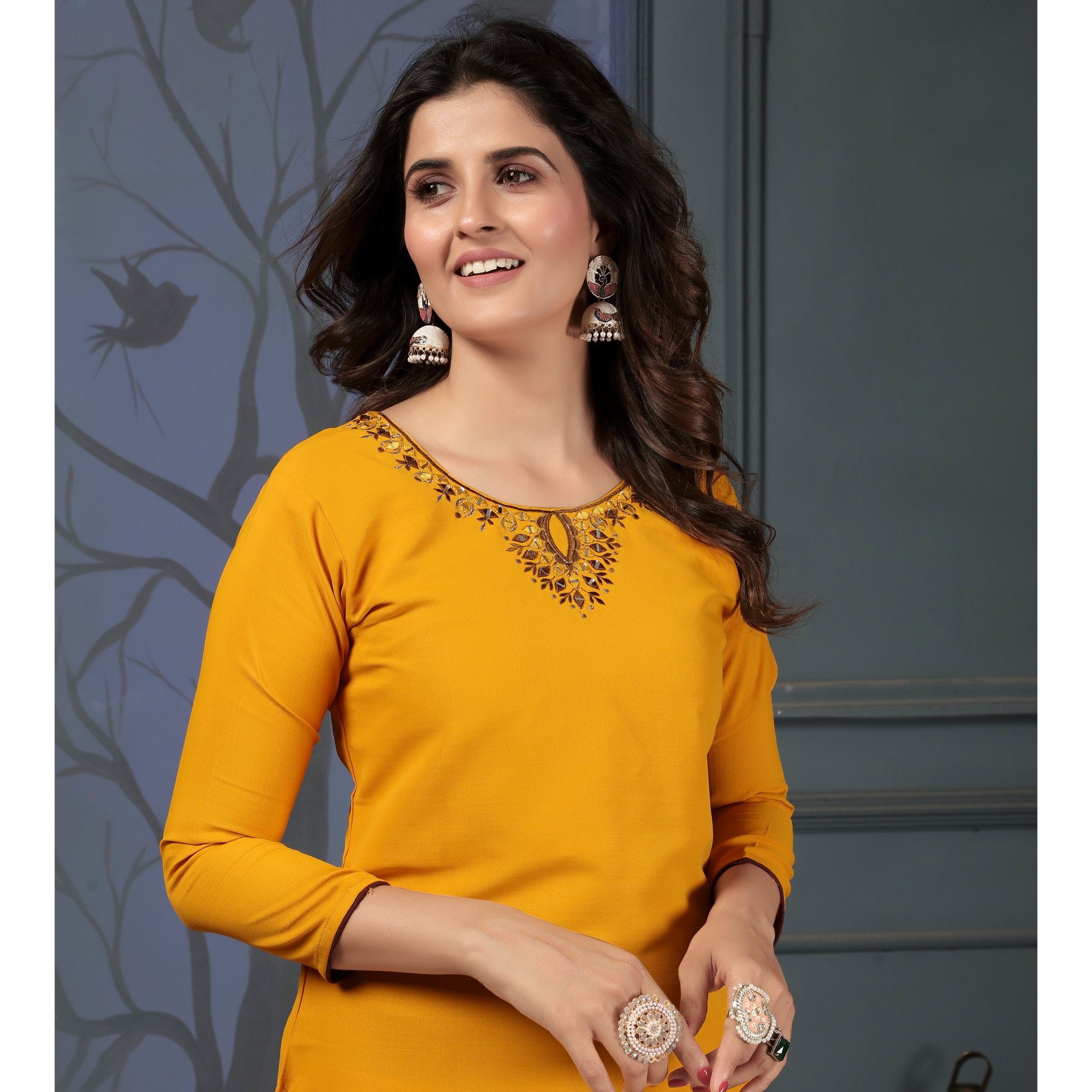 Mustard Solid With Mirror Embroidered Cotton Blend Kurti