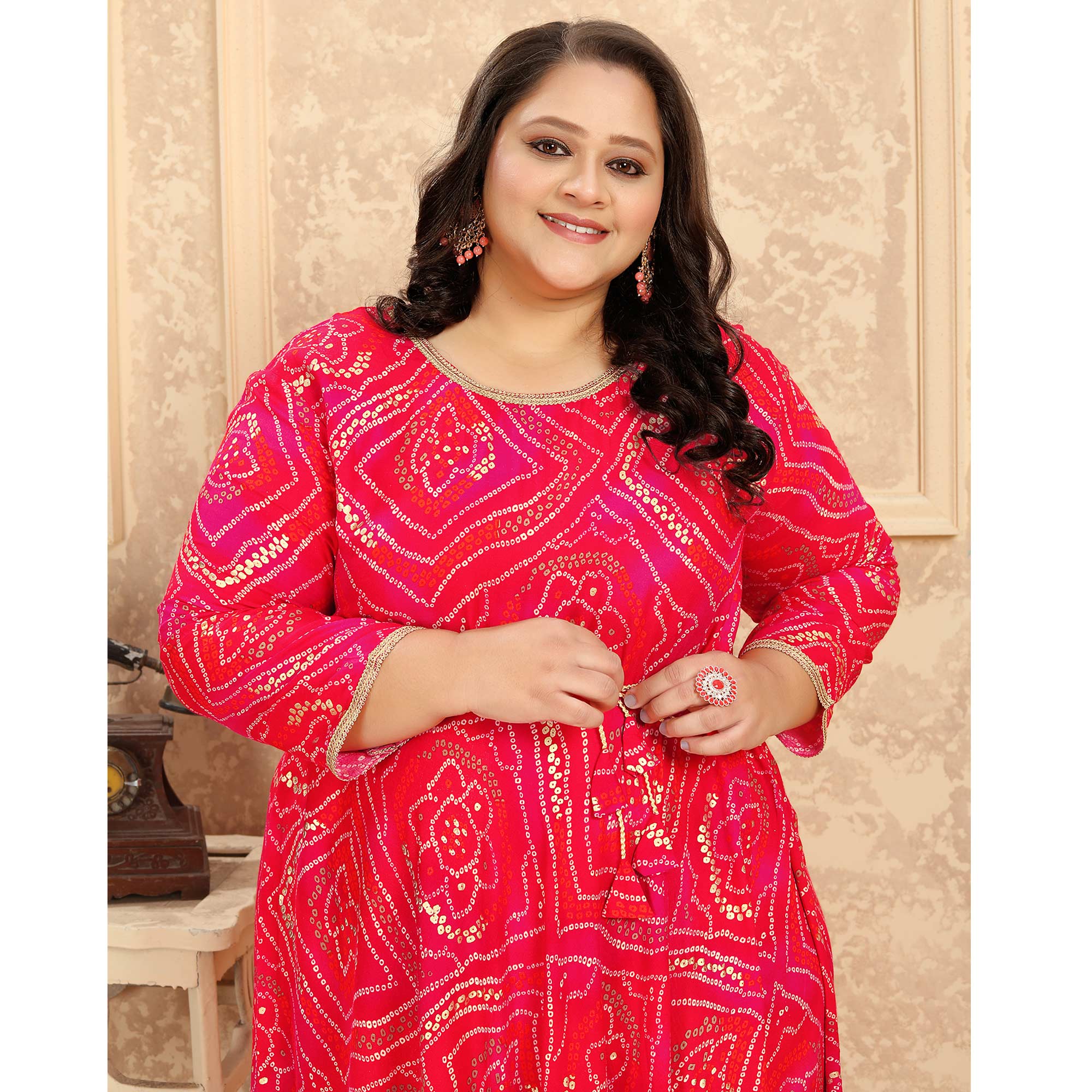 Pink Bandhani Printed Rayon Long Kurti