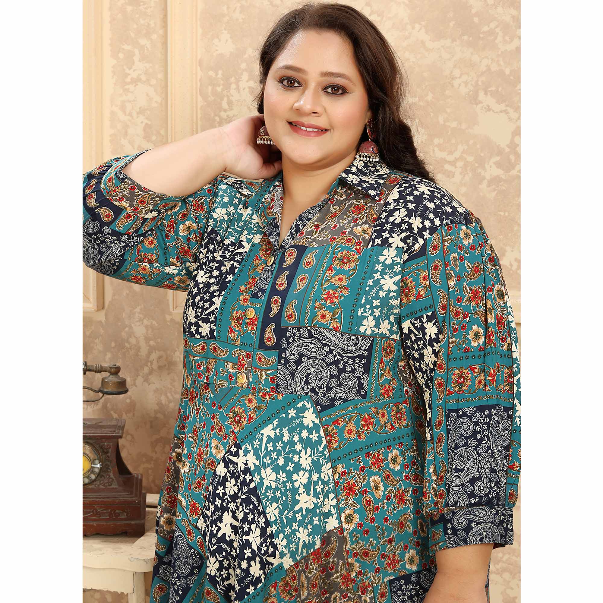 Rama Blue Floral Printed Rayon Long Kurti