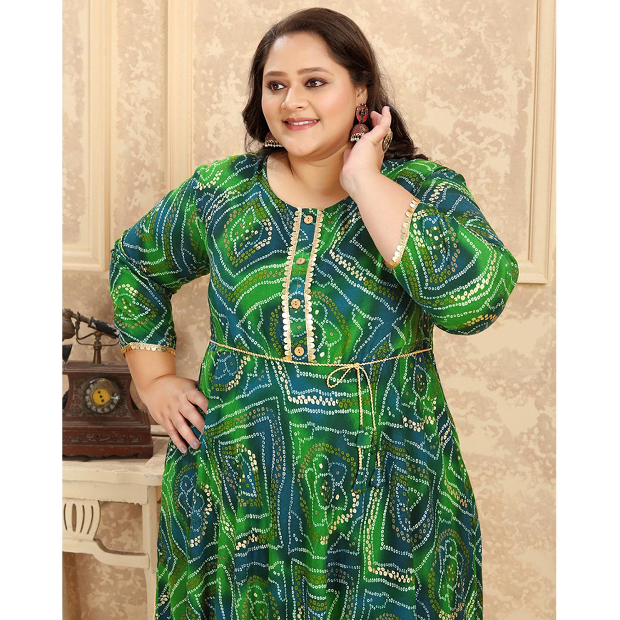 Green Bandhani Printed Rayon Long Kurti