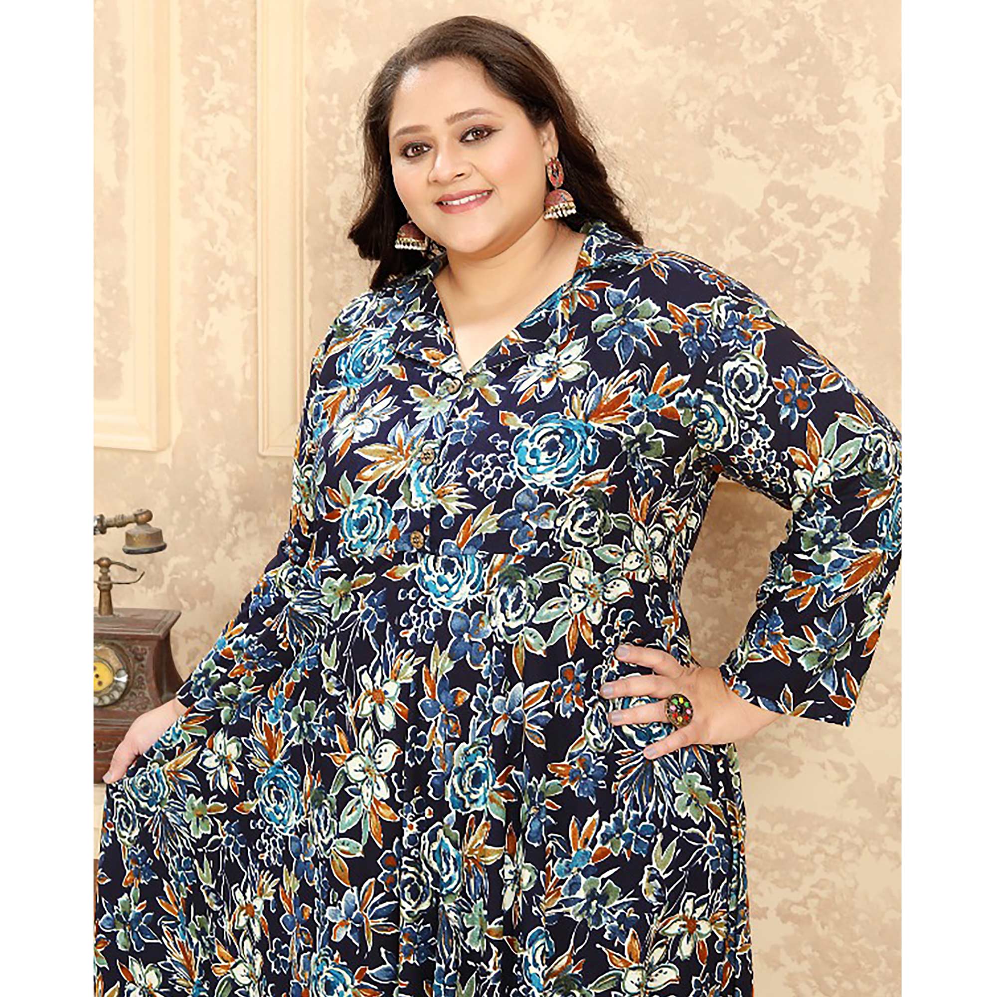 Blue Floral Printed Rayon Long Kurti