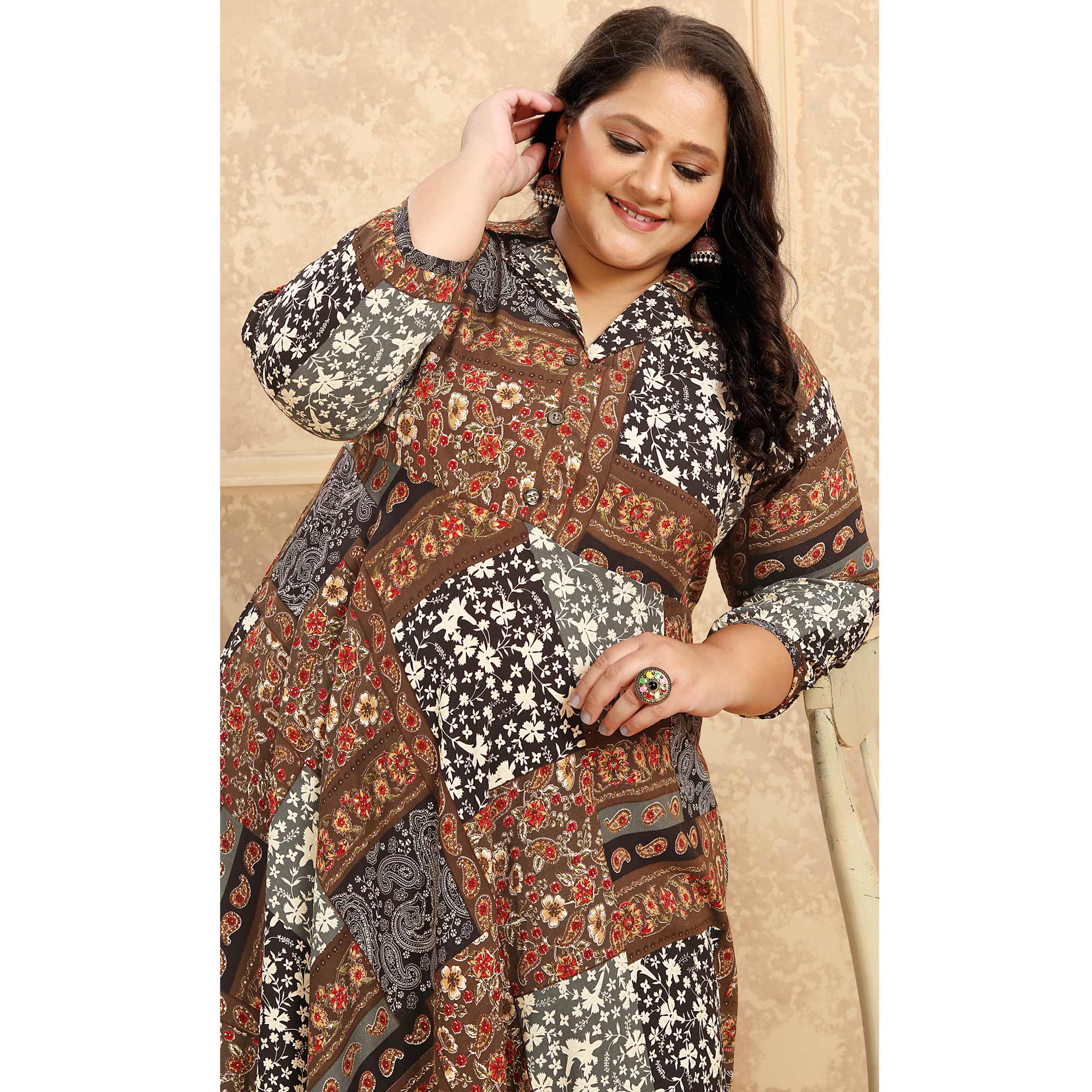 Brown Floral Printed Rayon Long Kurti