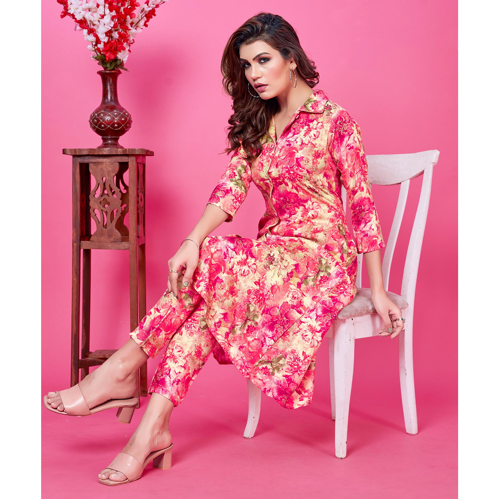 Pink Floral Foil Printed Rayon Co-Ord Set