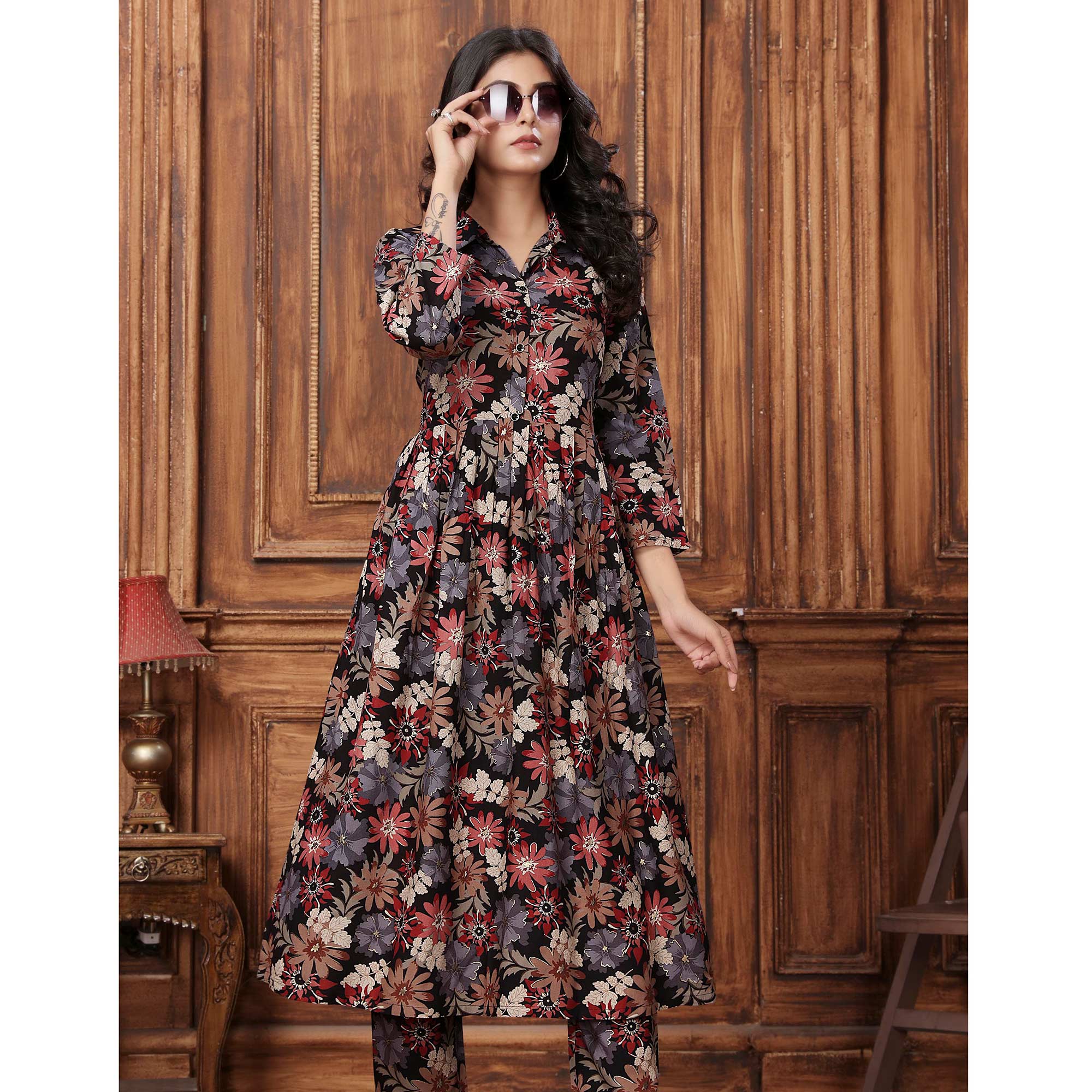 Black Floral Printed Rayon Co-Ord Set