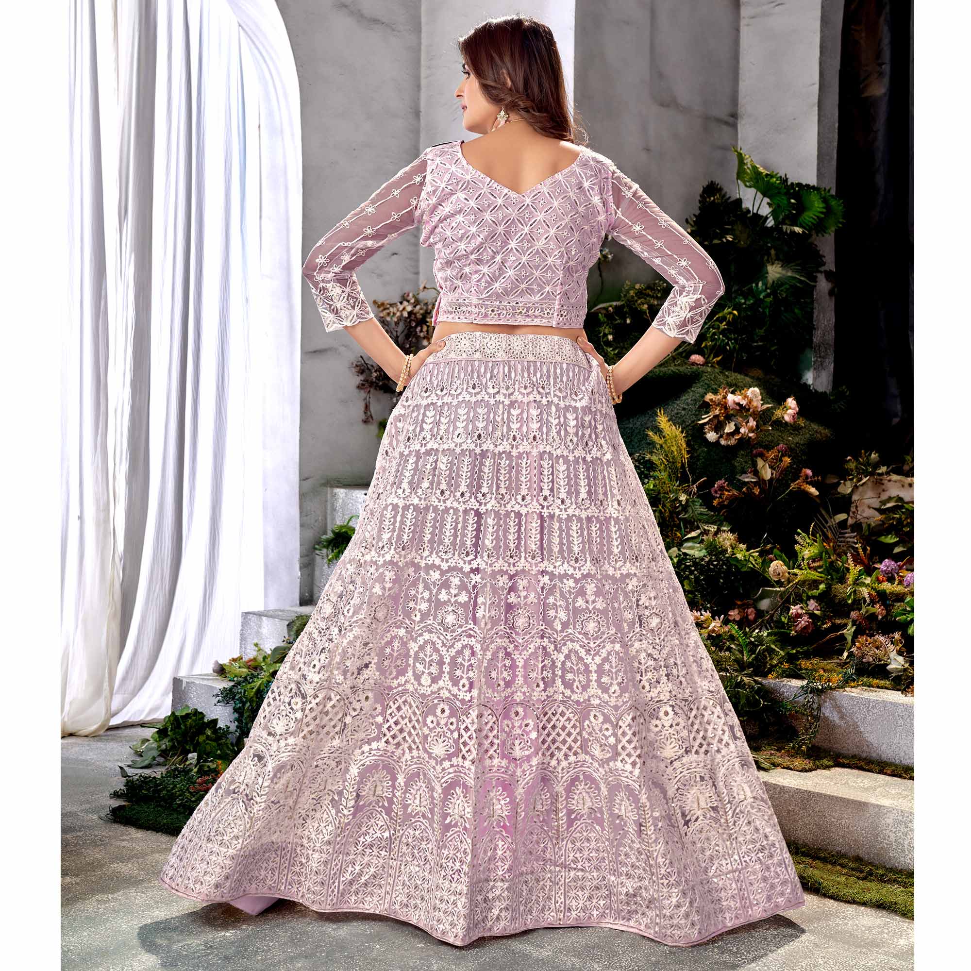 Light Purple Floral Sequins Embroidered Net Lehenga Choli