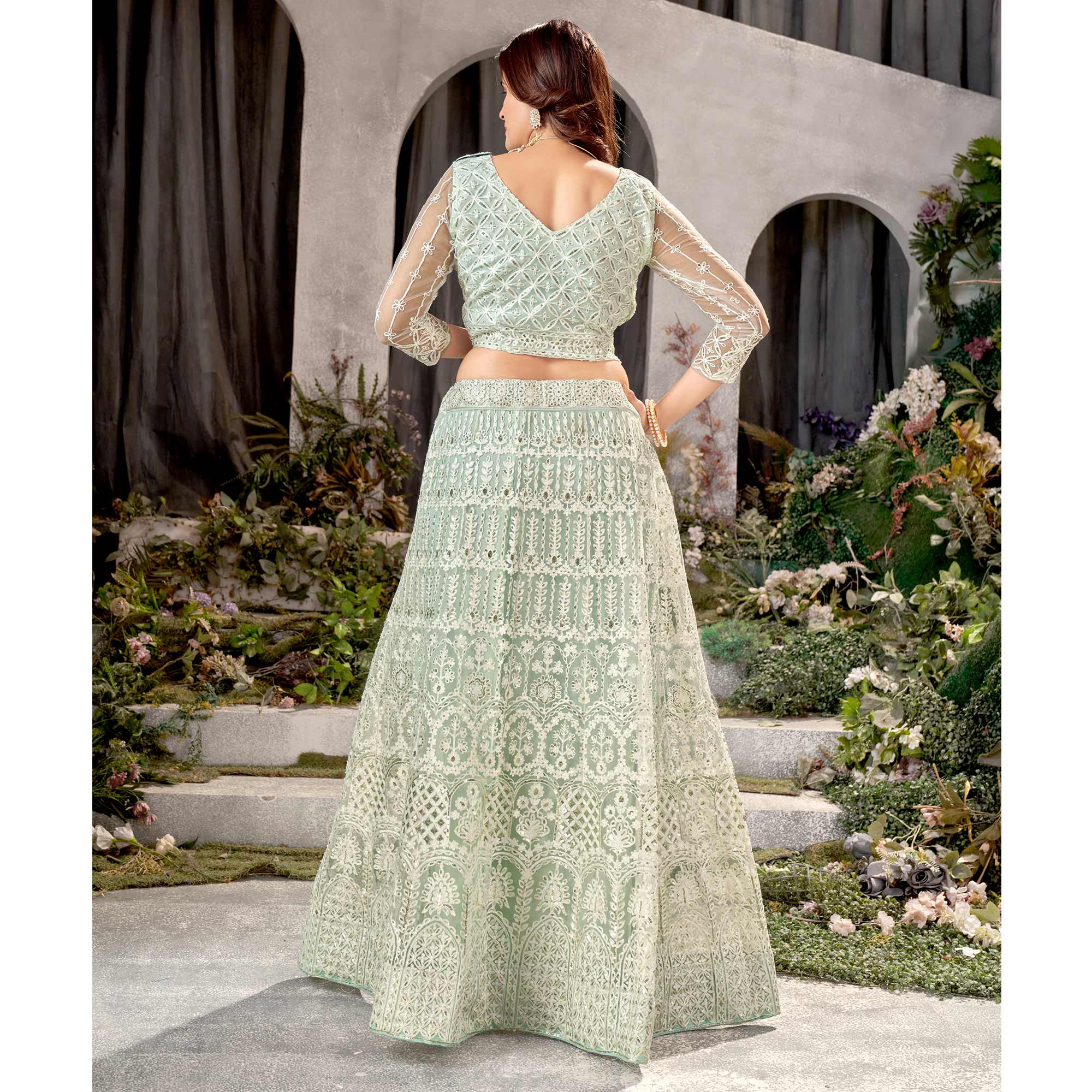 Green Floral Sequins Embroidered Net Lehenga Choli