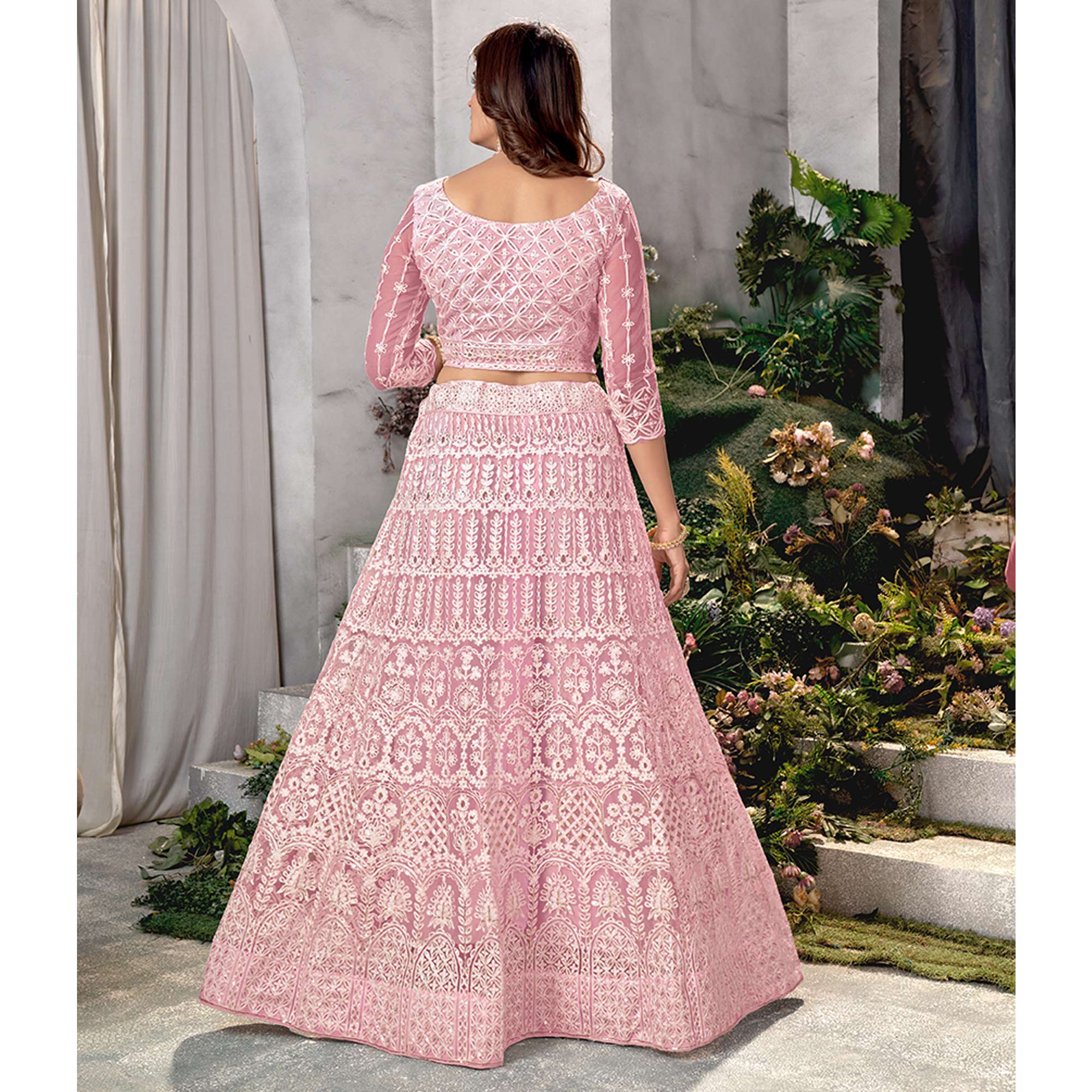 Pink Floral Sequins Embroidered Net Lehenga Choli
