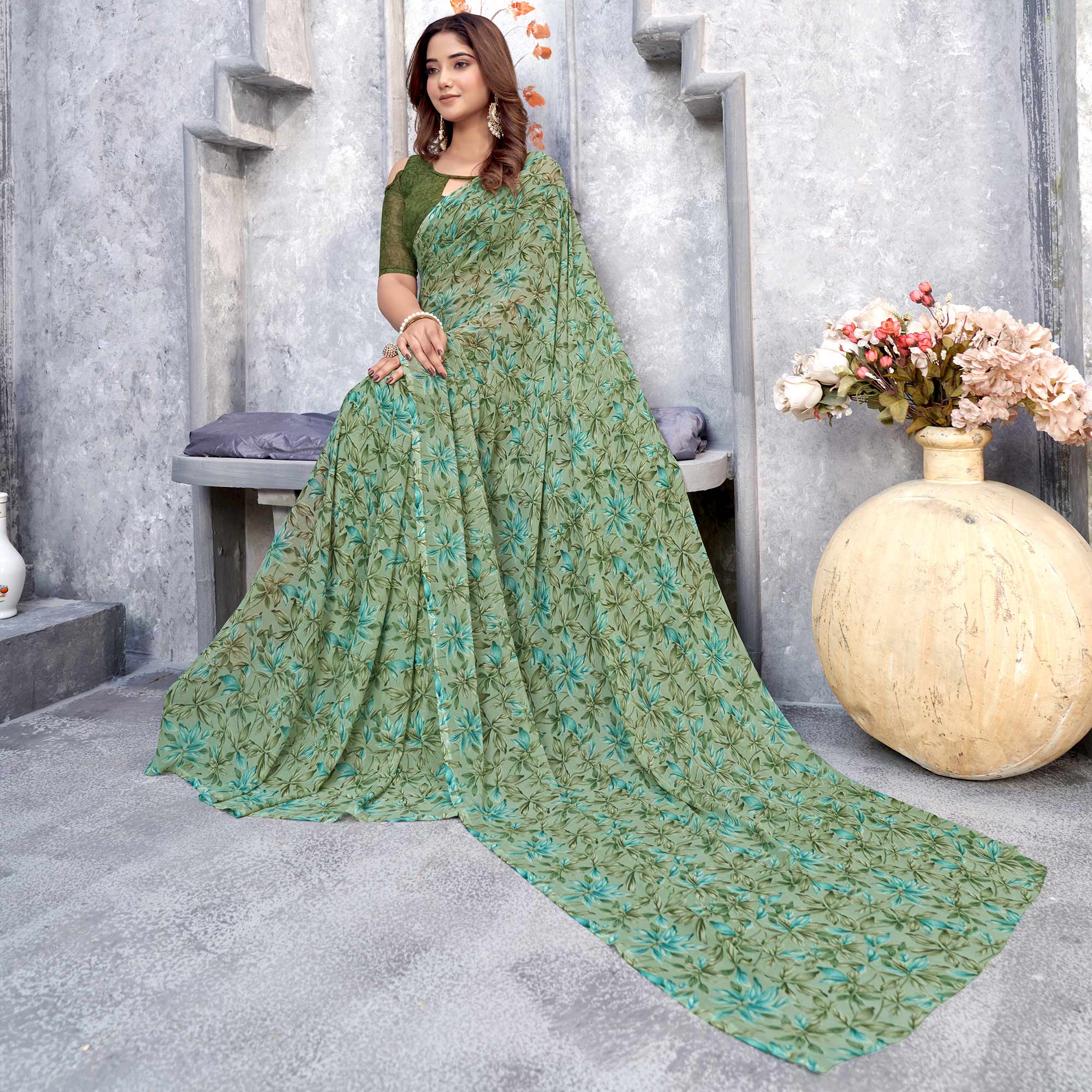 Green Floral Printed Georgette Saree