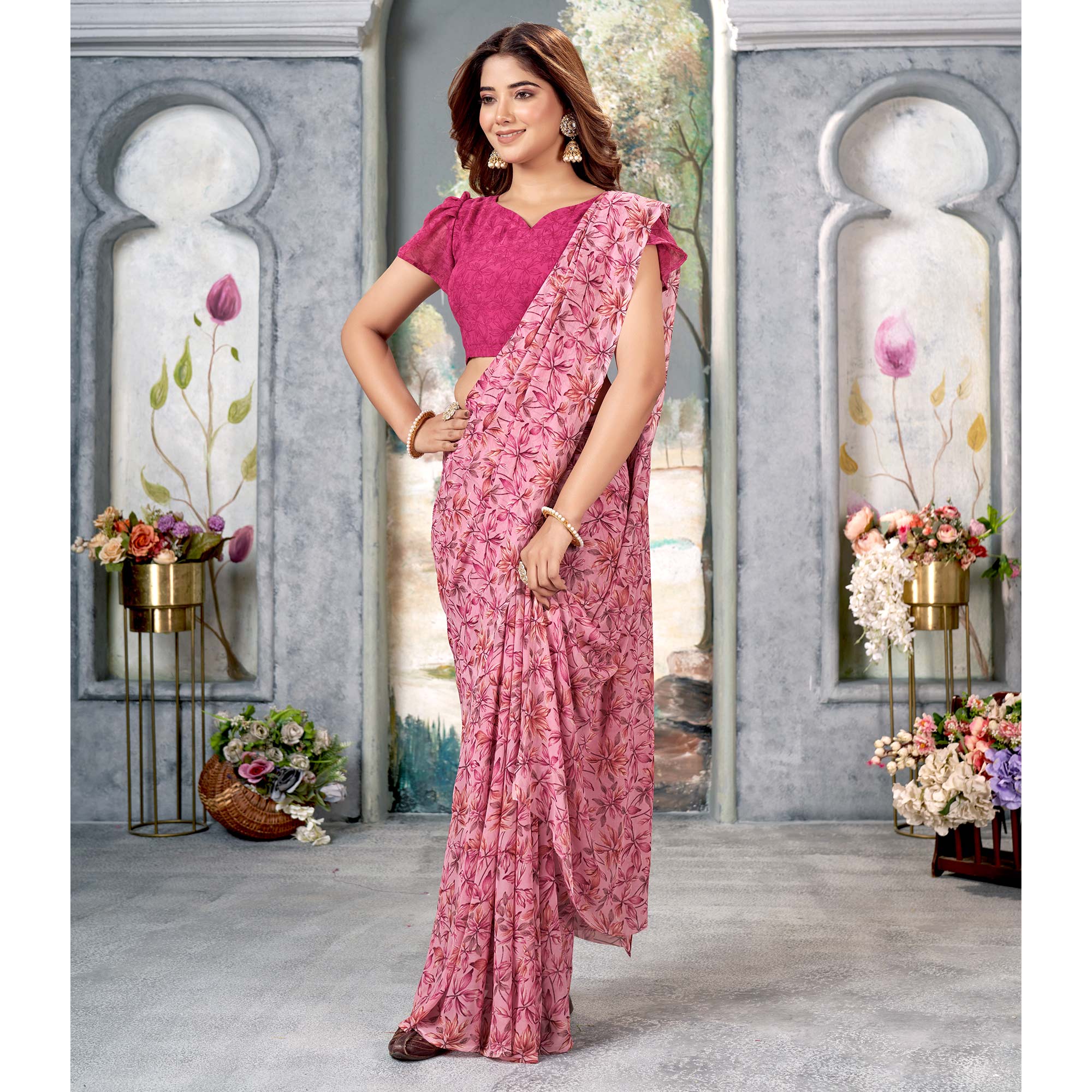 Pink Floral Printed Georgette Saree