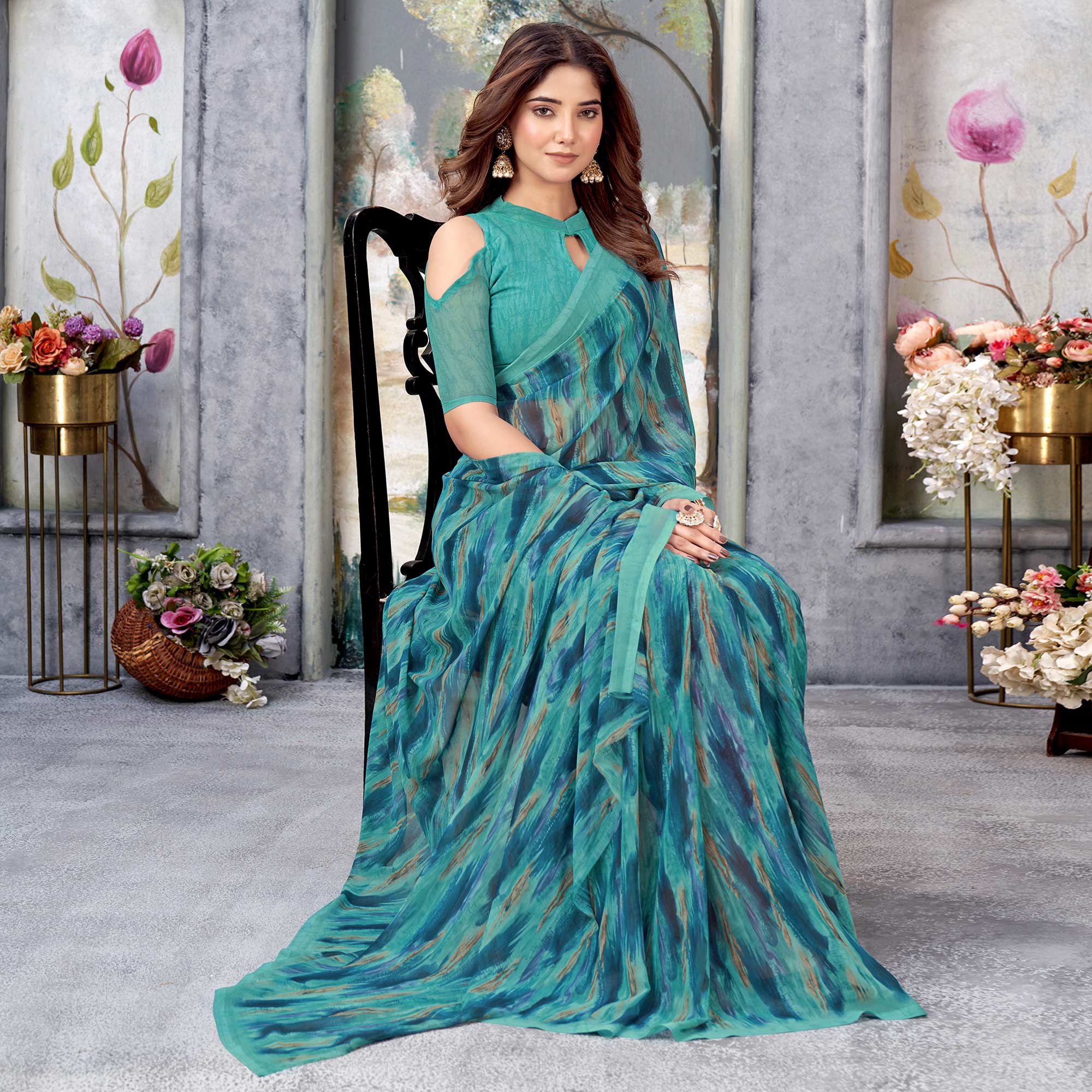 Sea Green Printed Georgette Saree