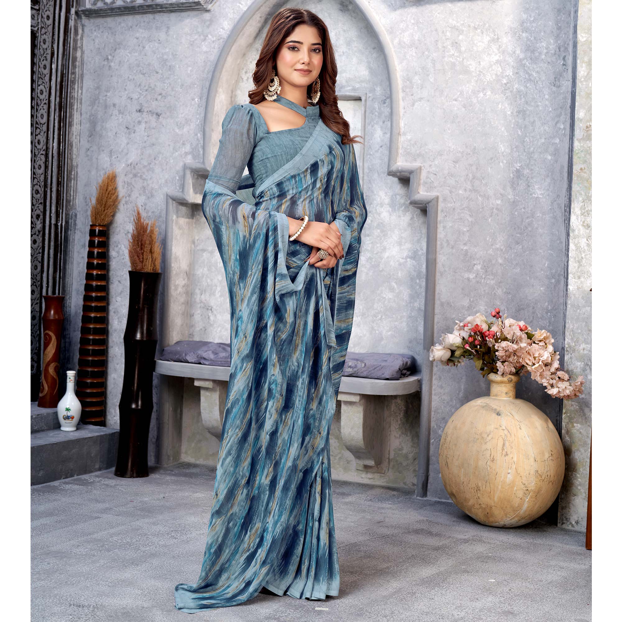 Grey Printed Georgette Saree