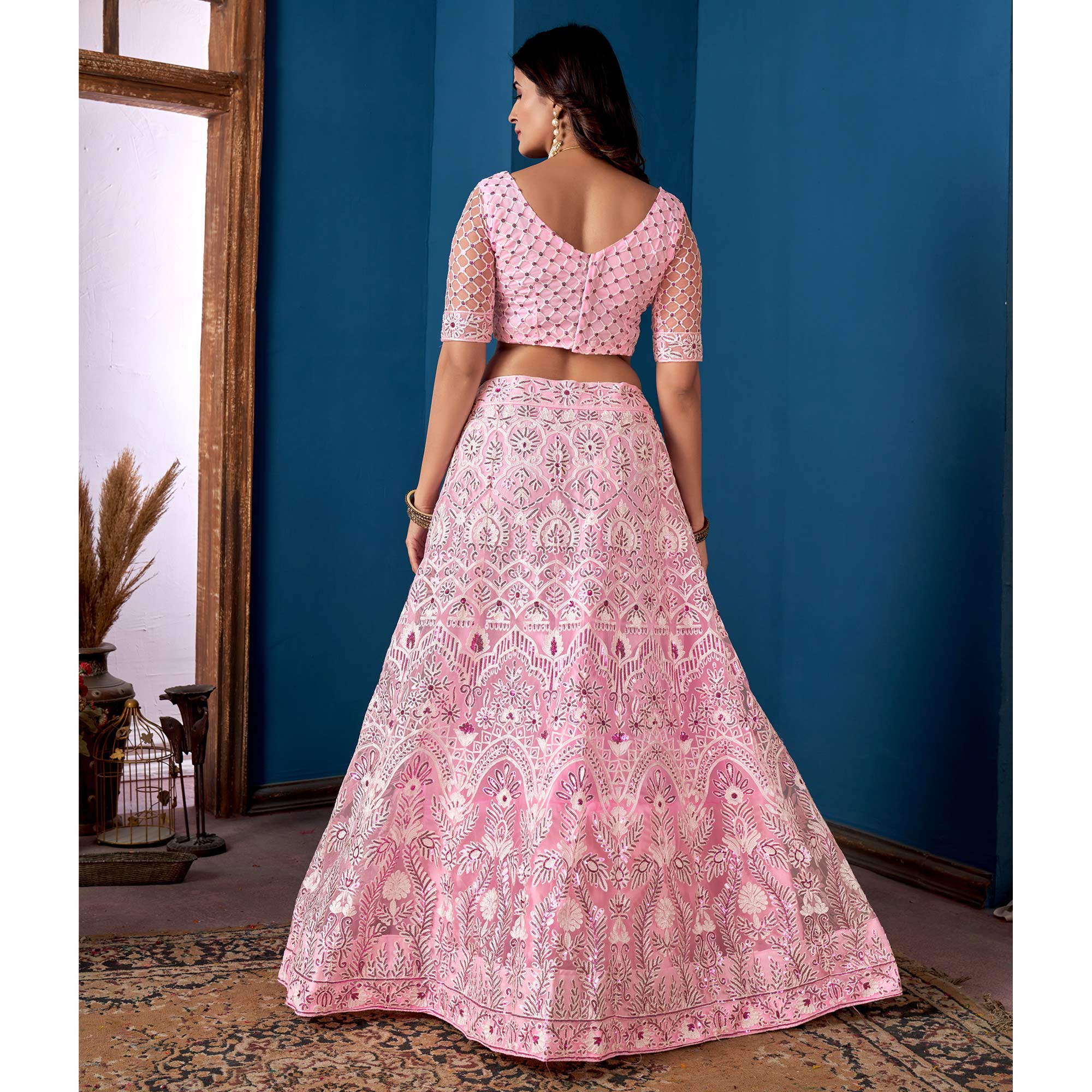 Pink Floral Sequins Embroidered Net Lehenga Choli