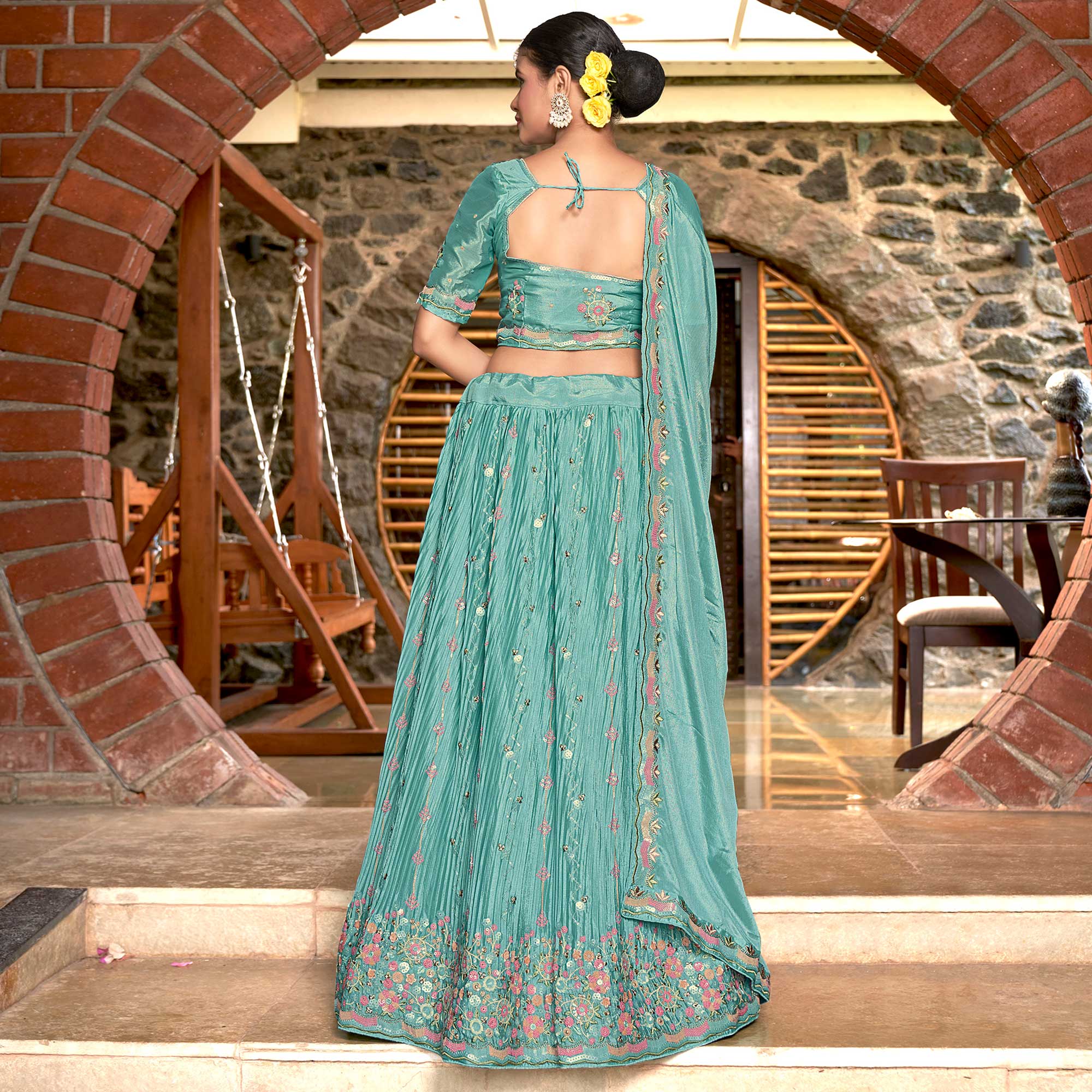 Blue Sequins Floral Embroidered Chiffon Lehenga Choli