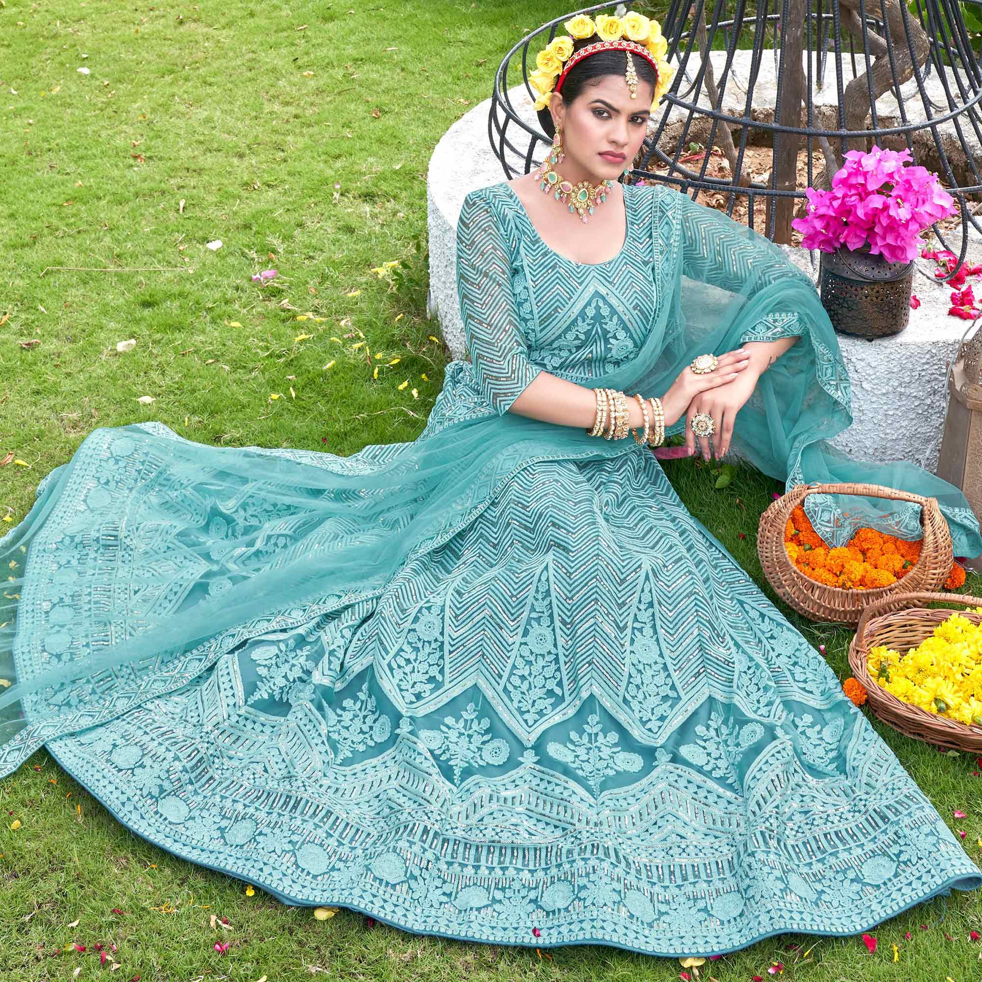Blue Sequins Floral Embroidered Net Semi Stitched Lehenga Choli
