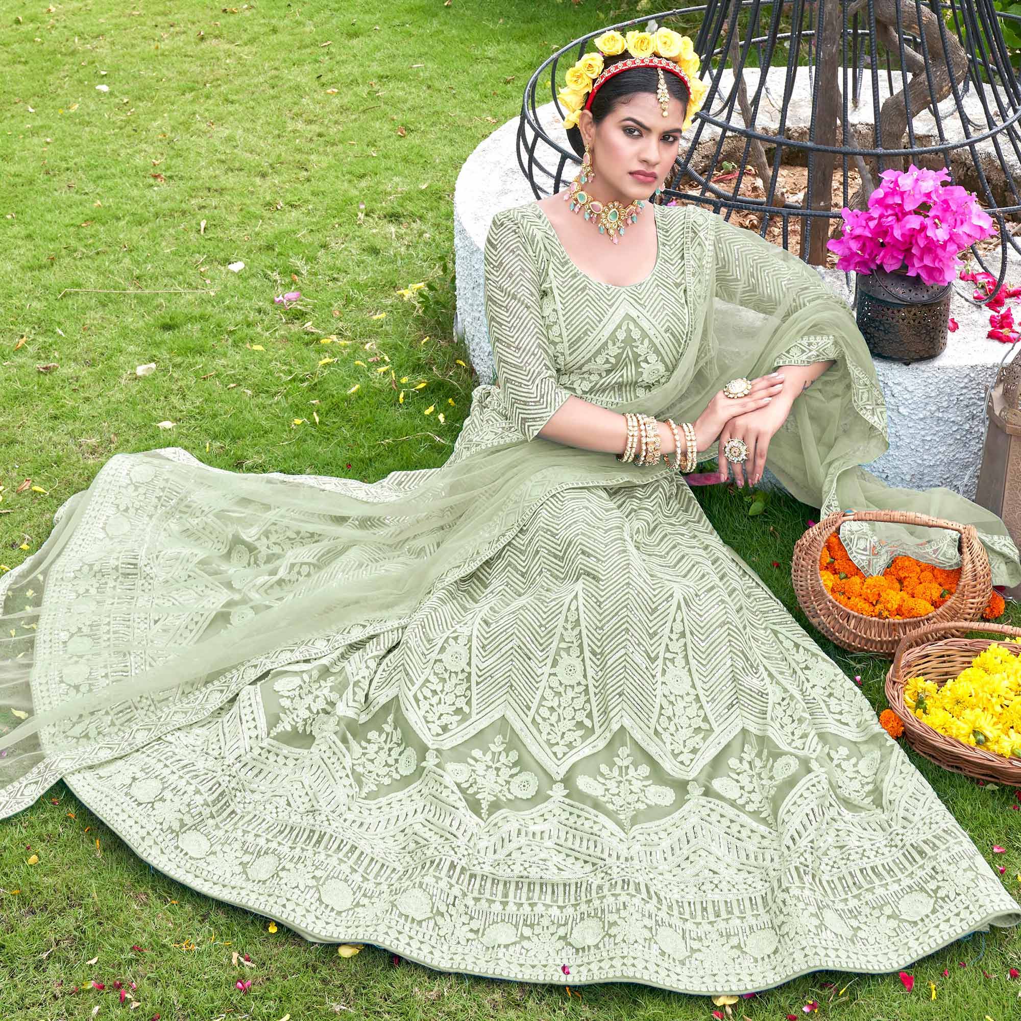 Green Sequins Floral Embroidered Net Semi Stitched Lehenga Choli