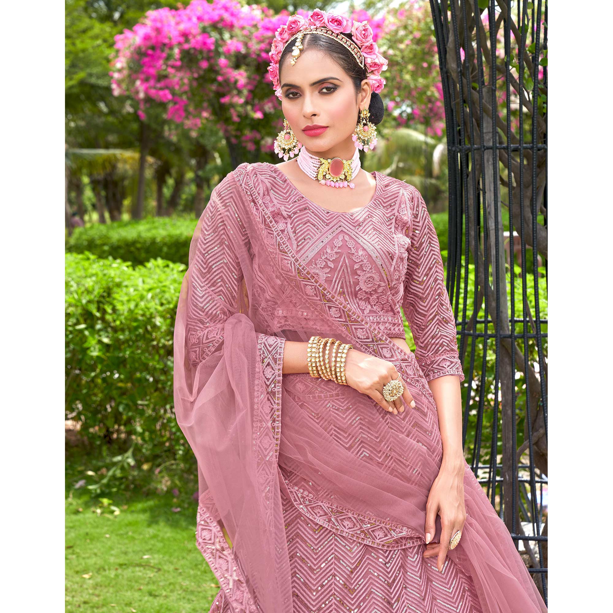 Pink Sequins Floral Embroidered Net Semi Stitched Lehenga Choli
