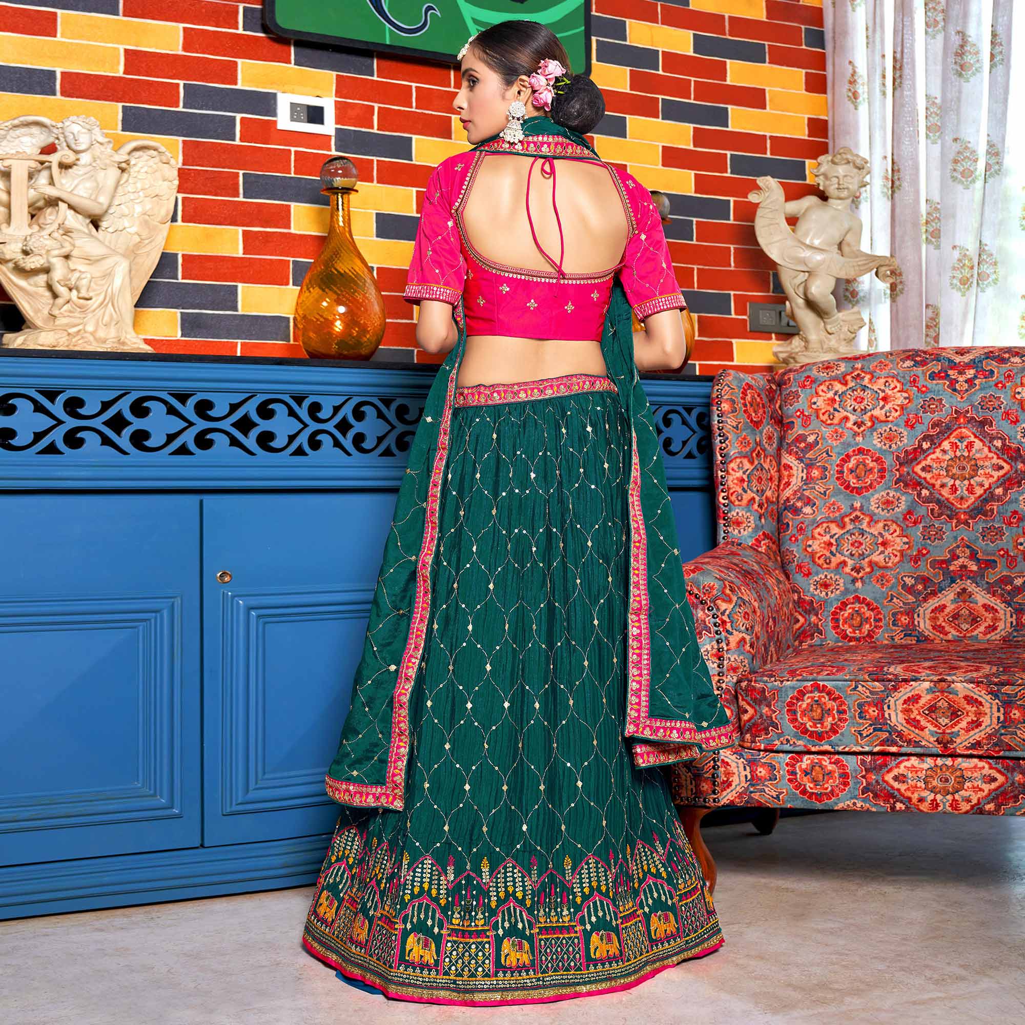 Deep Sea Green Sequins Embroidered Chiffon Lehenga Choli