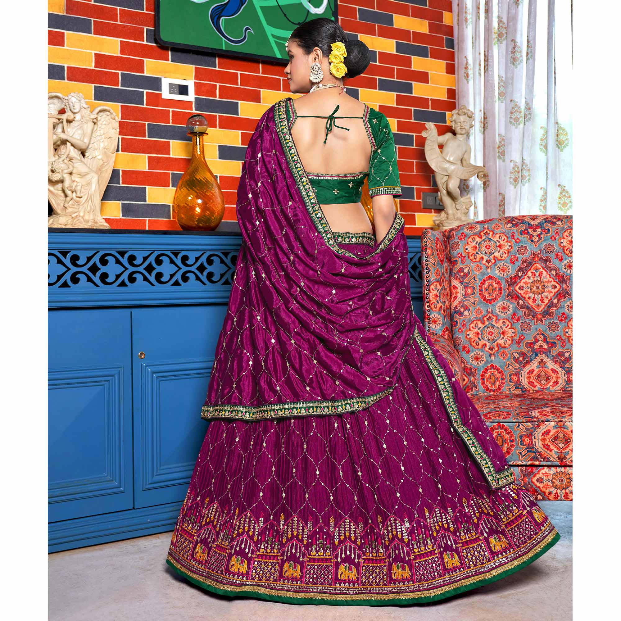 Wine Sequins Embroidered Chiffon Lehenga Choli