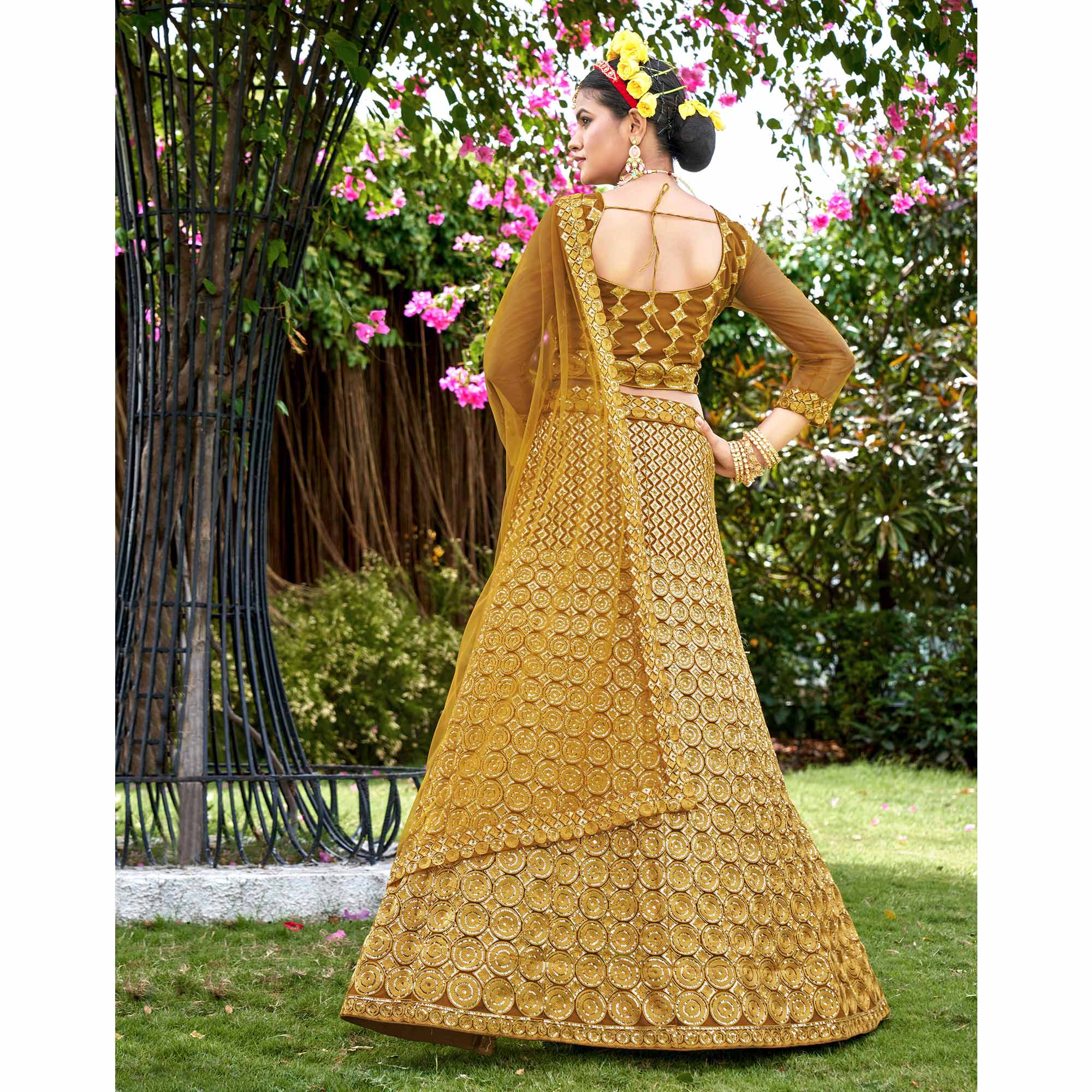 Mustard Sequins Embroidered Net Lehenga Choli