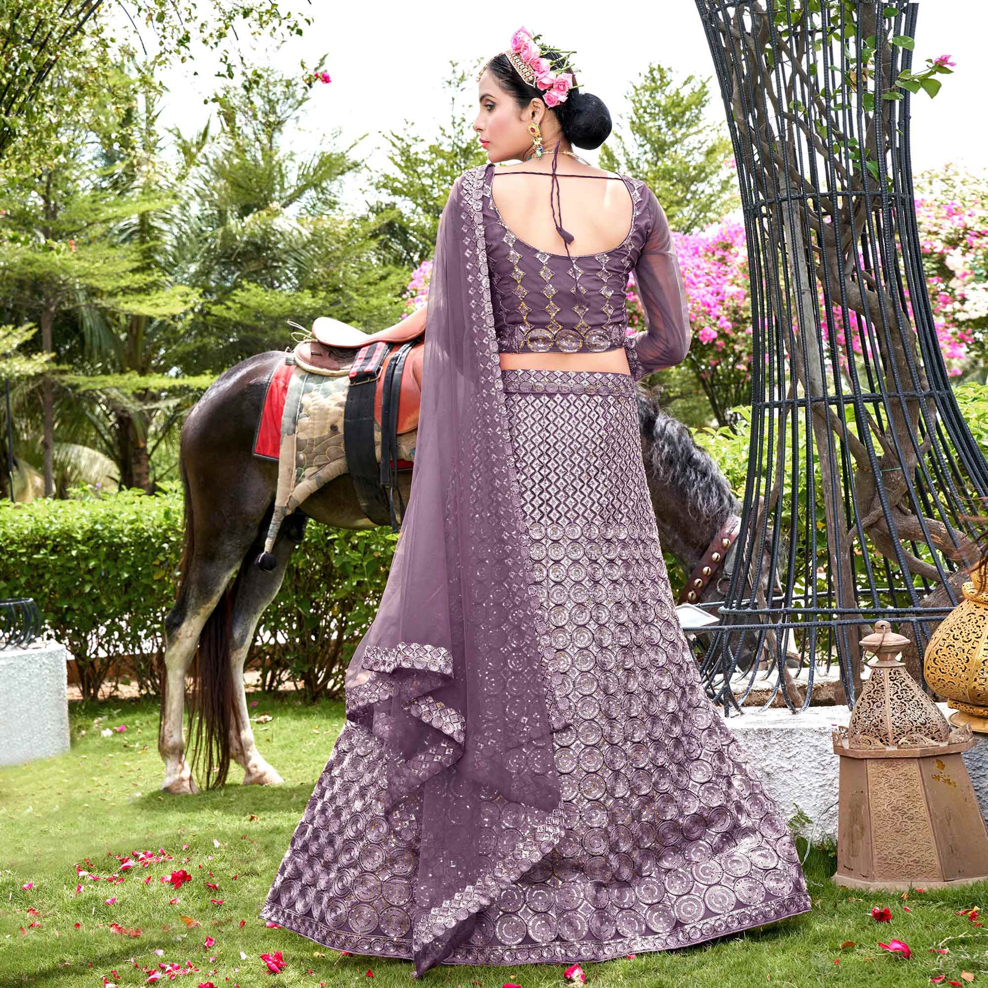 Violet Sequins Embroidered Net Lehenga Choli