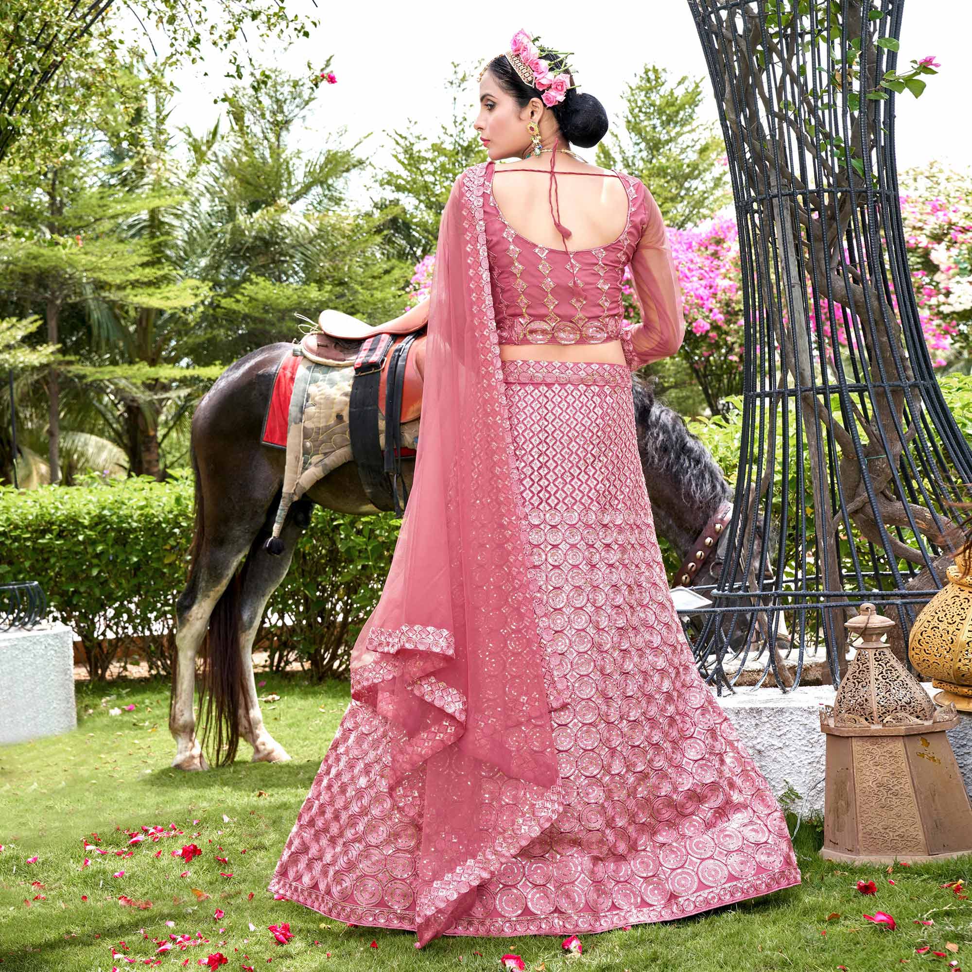 Pink Sequins Embroidered Net Lehenga Choli