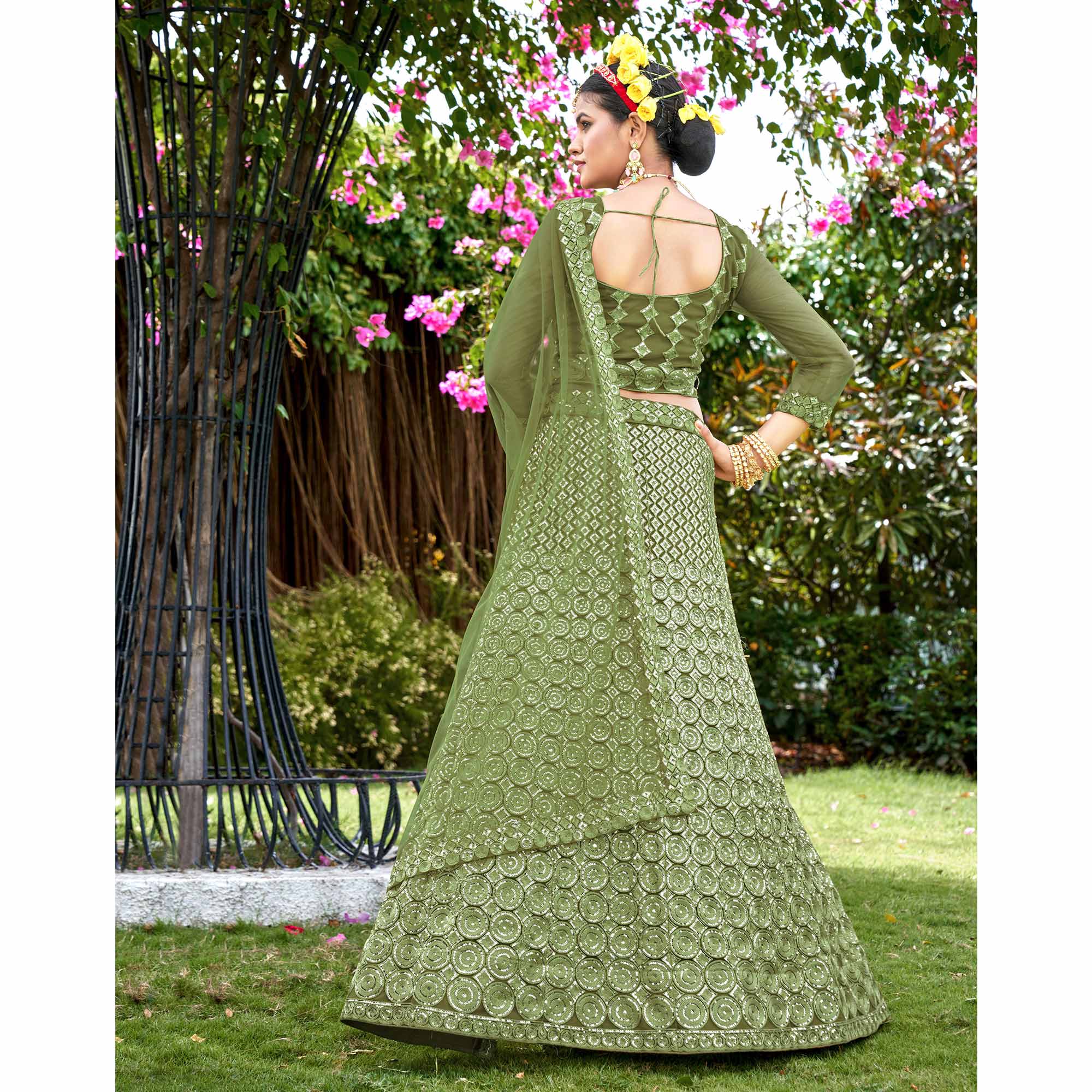 Green Sequins Embroidered Net Lehenga Choli