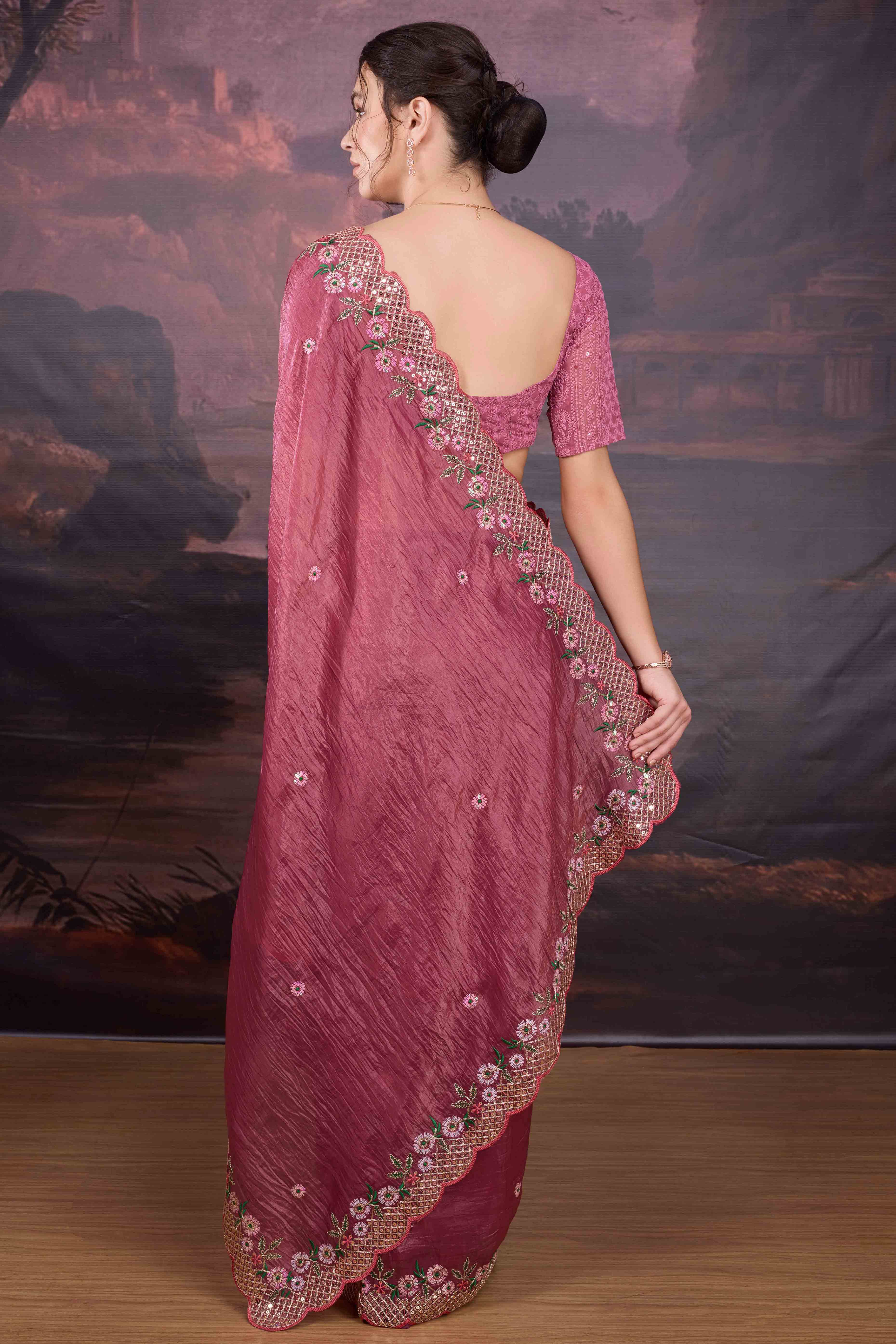 Mauve Floral Design Art Silk Saree with Glittering Sequins Embroidery
