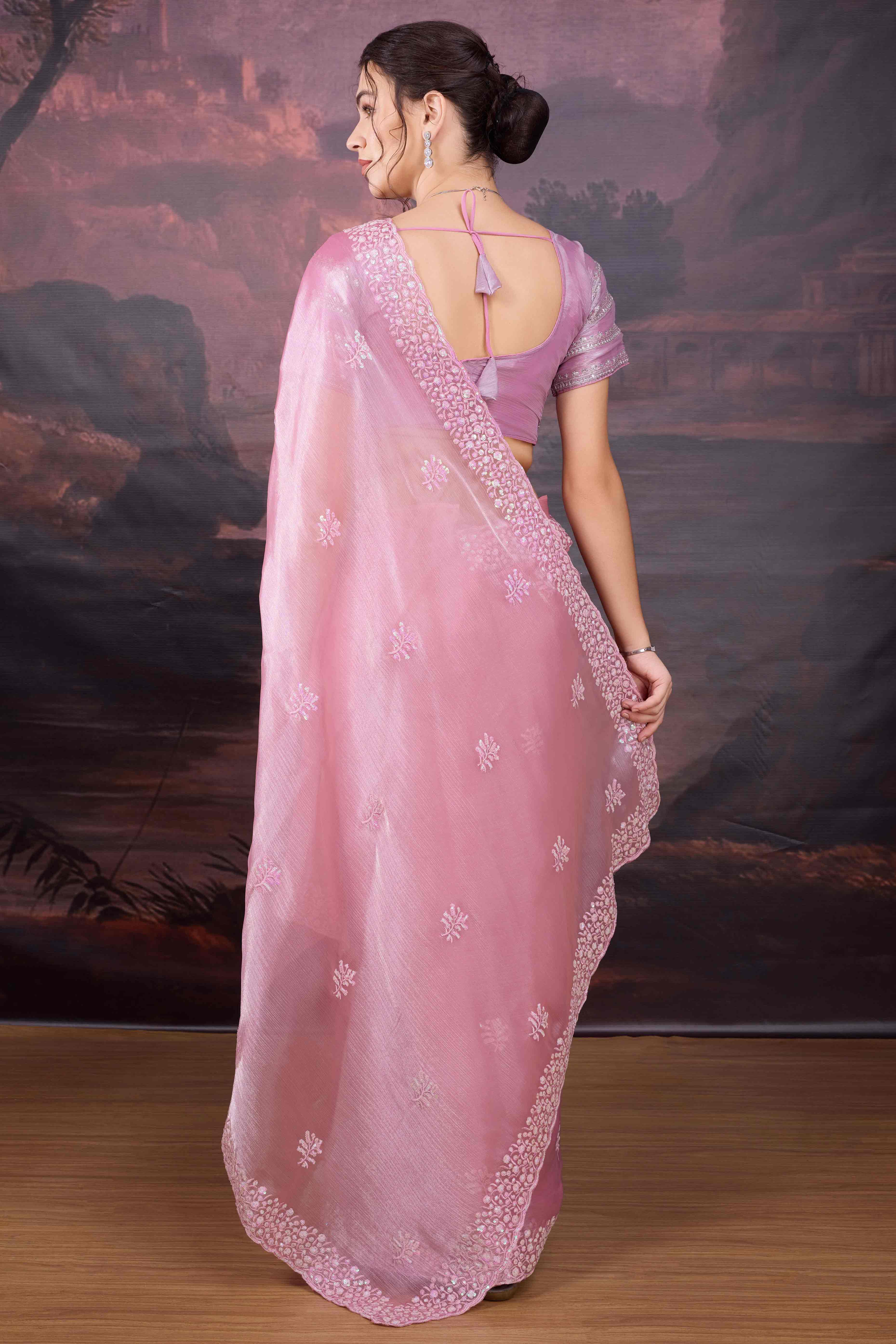 Baby Pink Organza Saree Enhanced with Elegant Sequins Embellishments