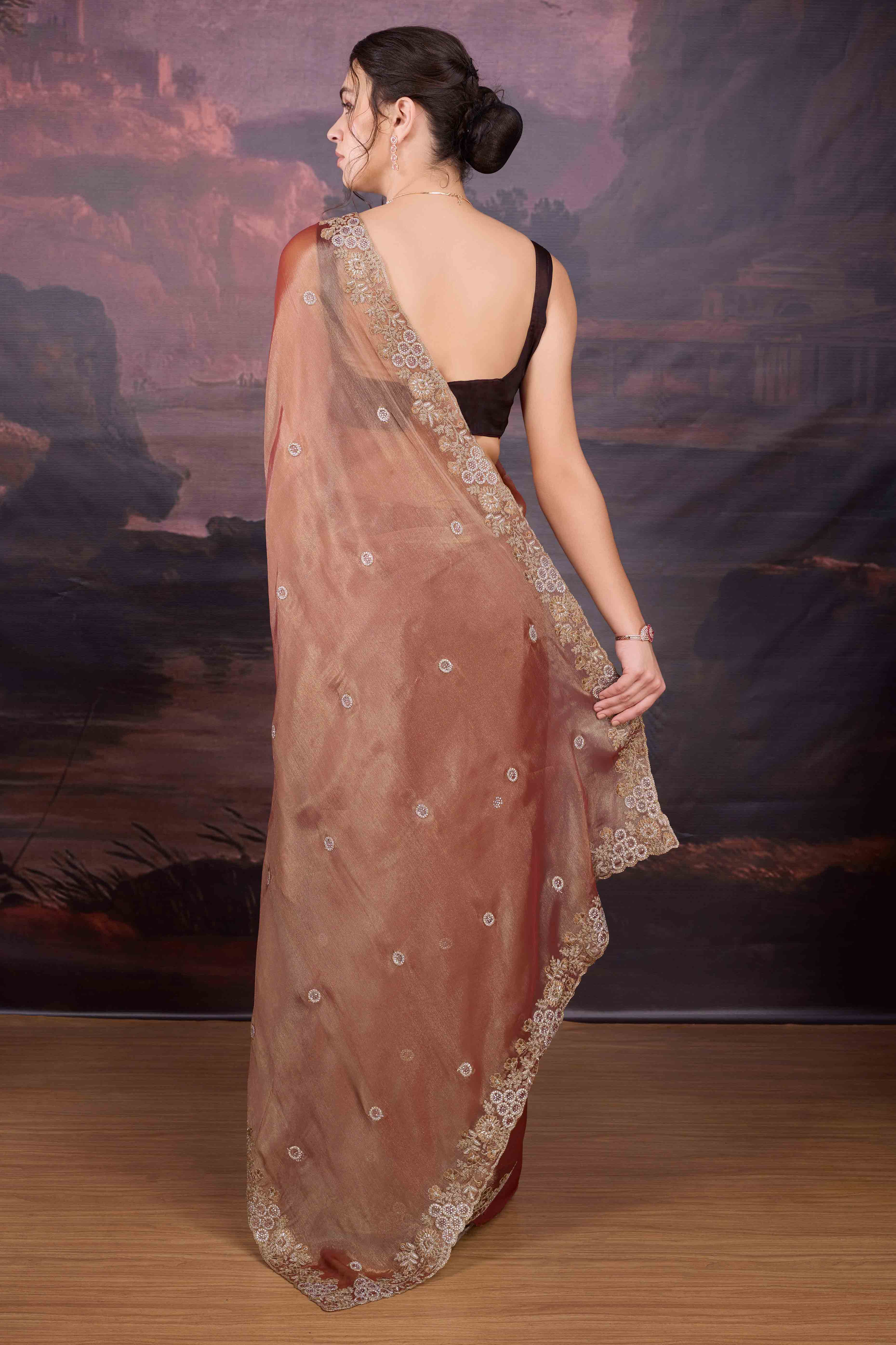 Elegant Rust Brown Organza Saree Embellished with Stone Embroidery