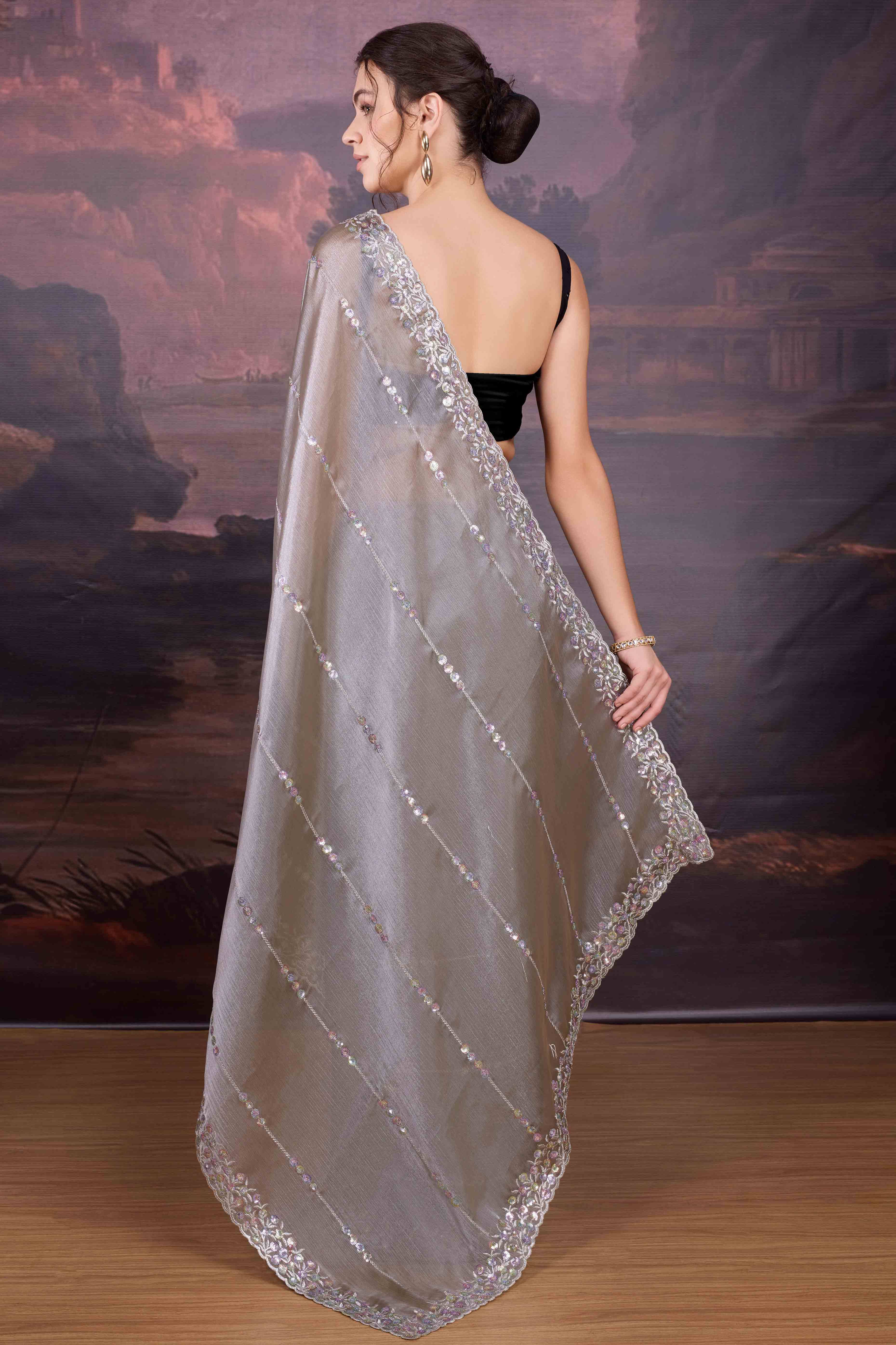 Grey Organza Saree Enhanced with Elegant Sequins Embellishments