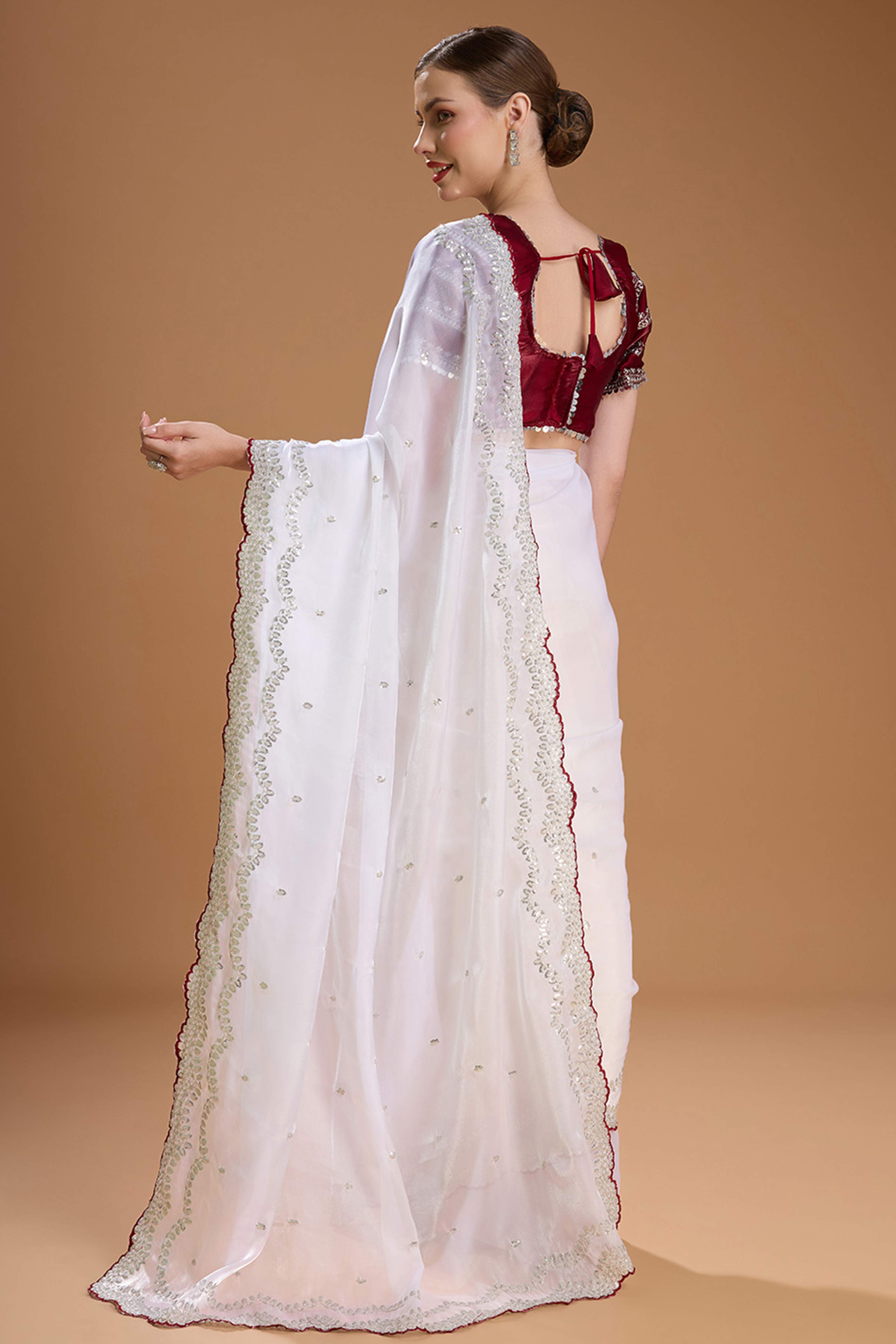 White Embroidered Saree in Organza with Sequins Accents