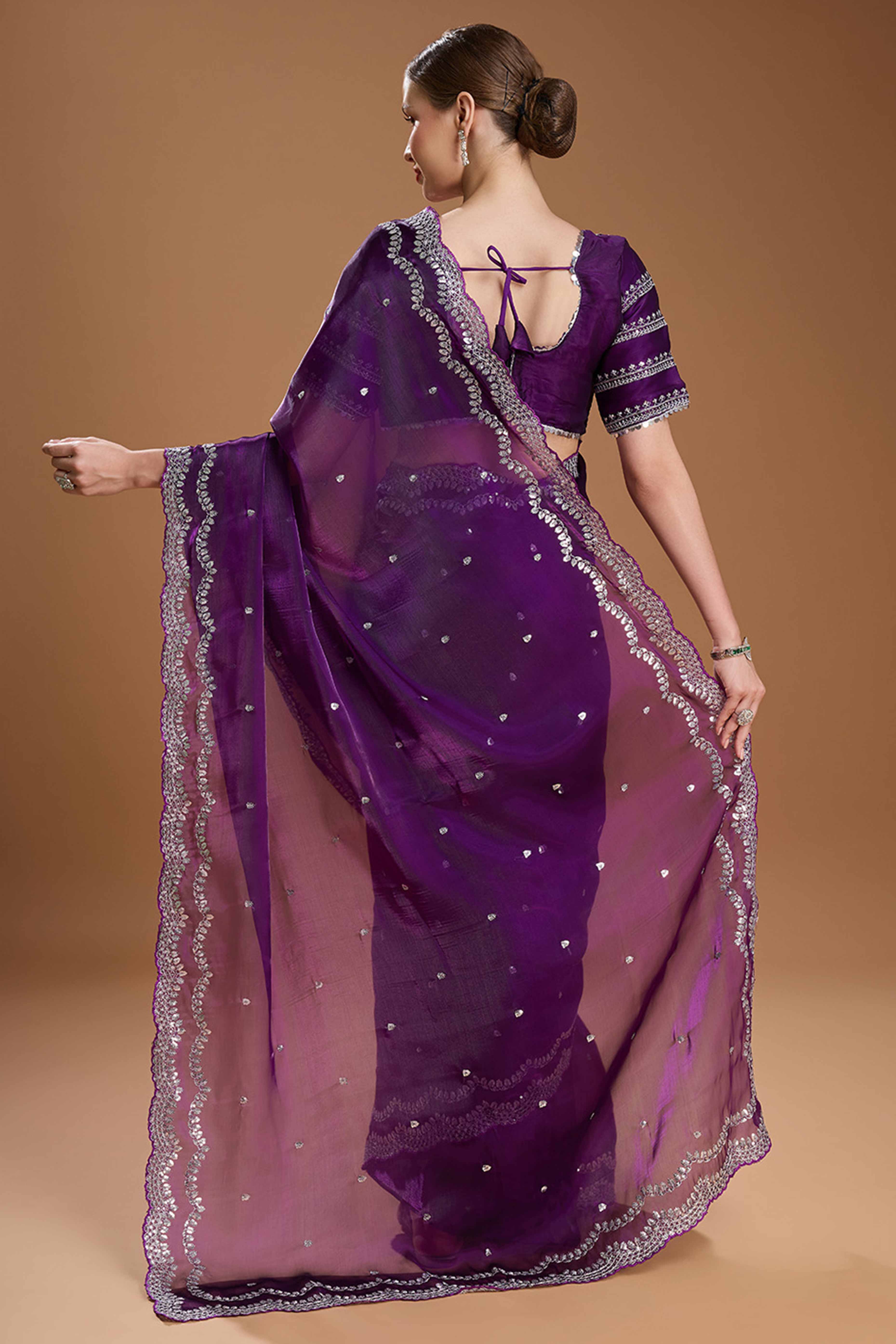Dark Purple Embroidered Saree in Organza with Sequins Accents