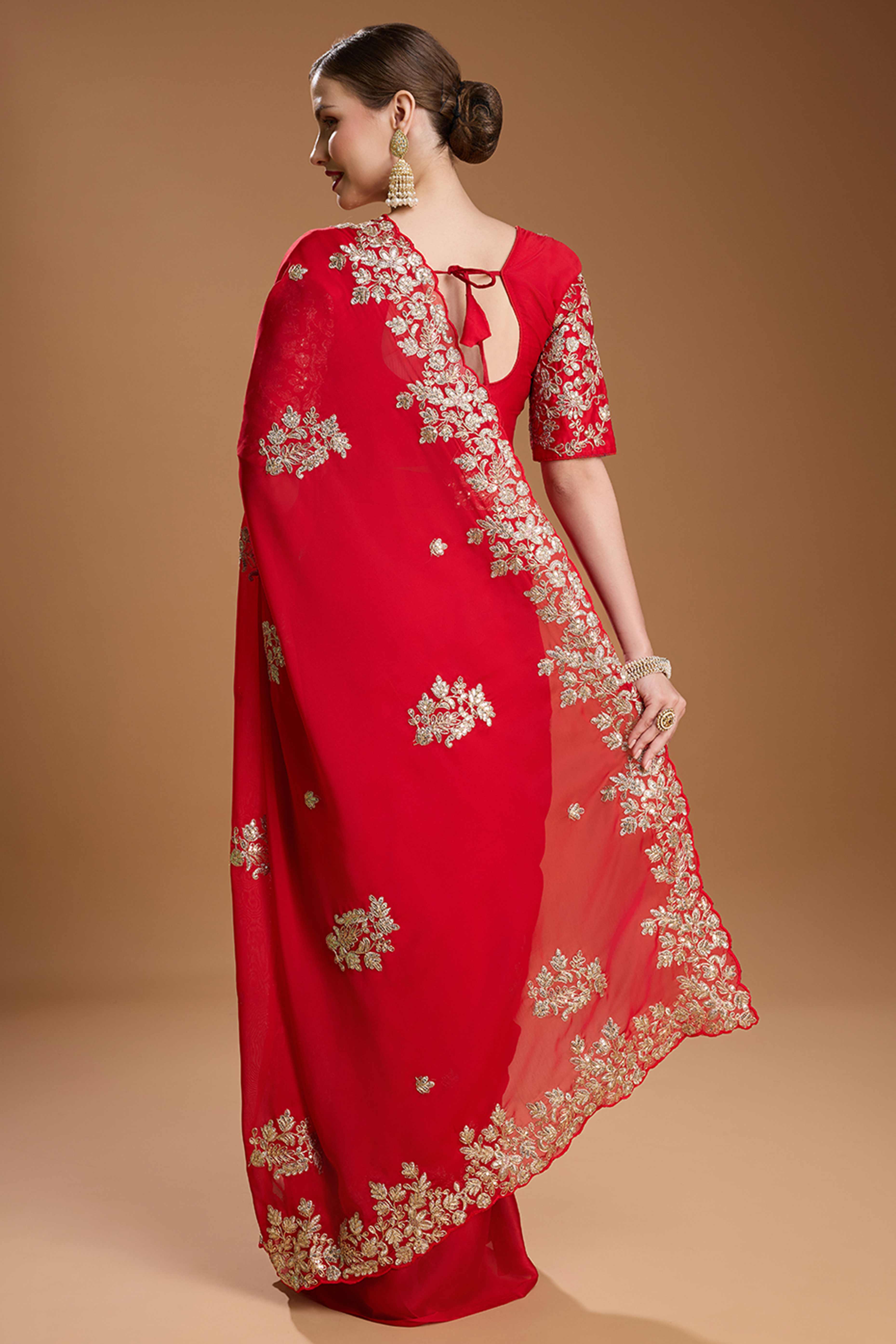 Red Organza Saree Enhanced with Elegant Sequins Embellishments
