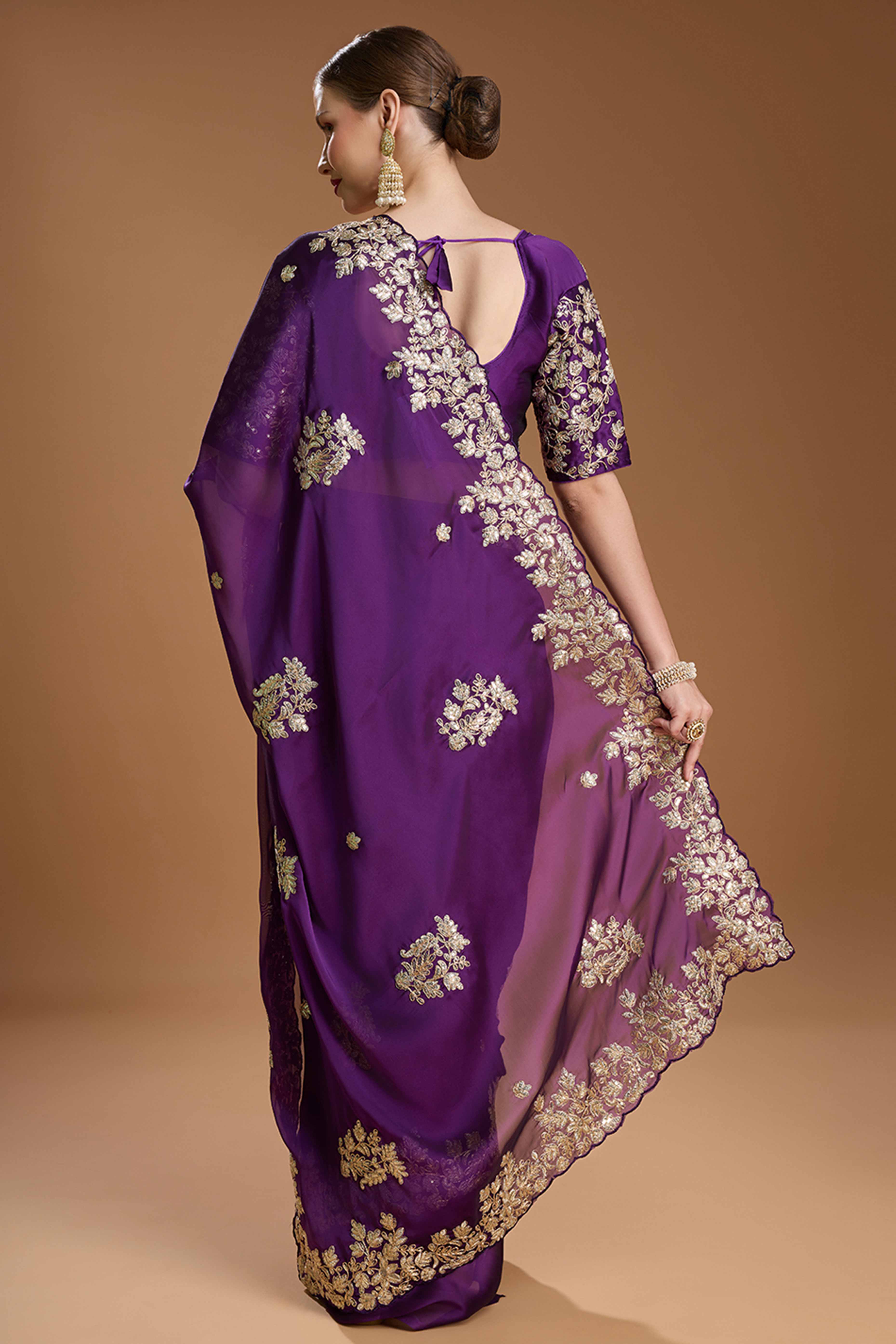 Dark Purple Organza Saree Enhanced with Elegant Sequins Embellishments